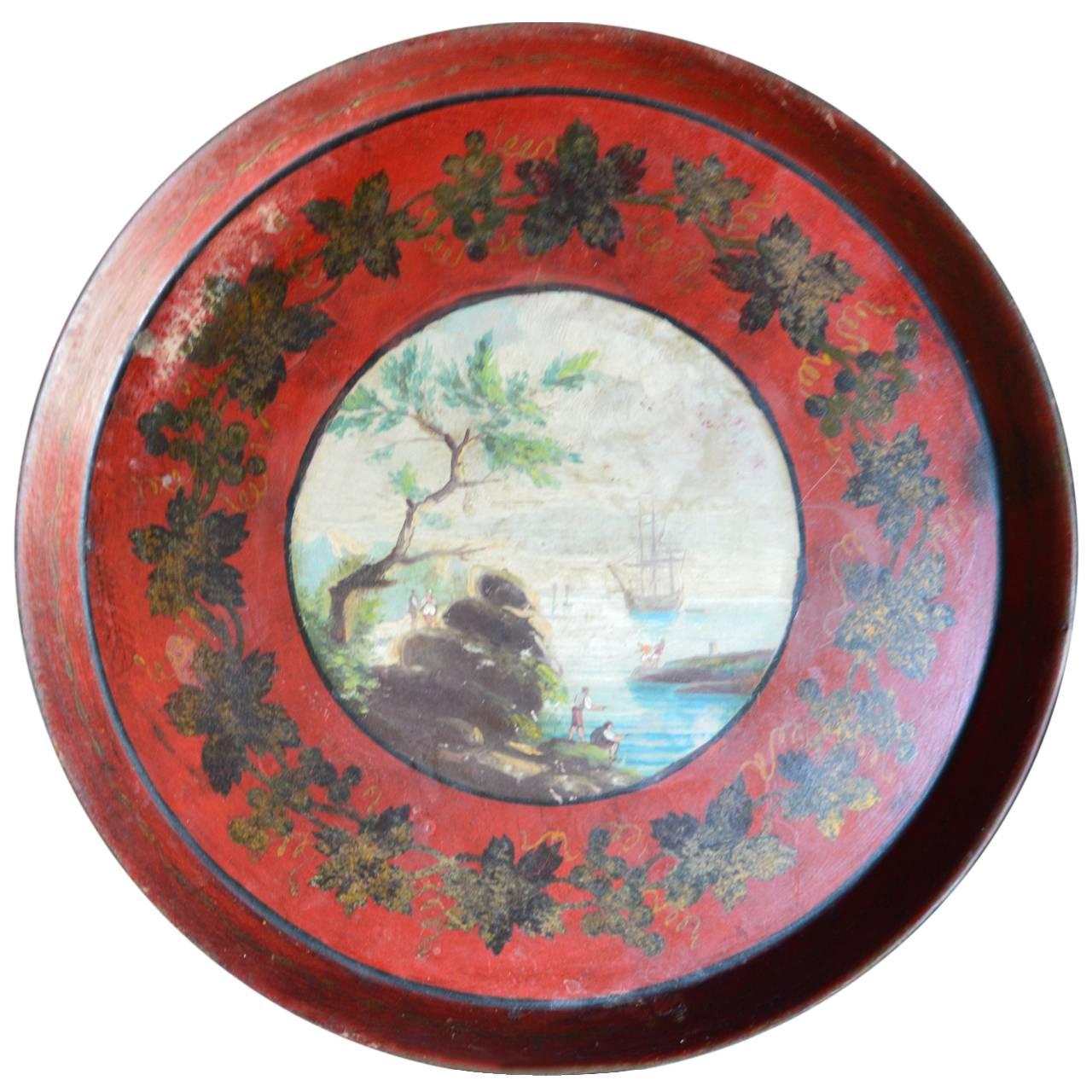 French 19th Century Red Tole Tray with Painted Harbor Scene For Sale