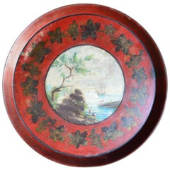 Antique French 19th Century Red Tole Tray with Painted Harbor Scene