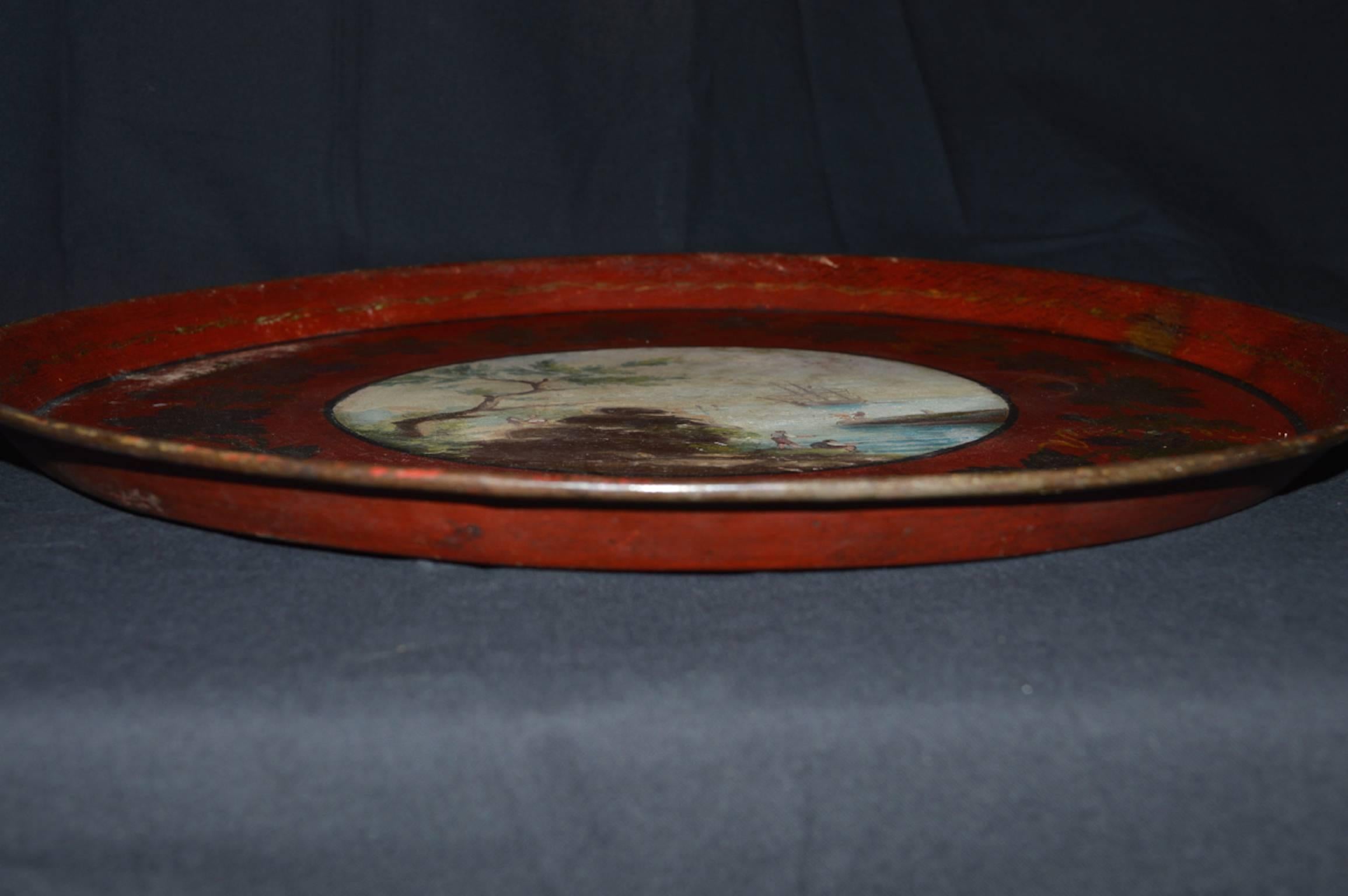 Tôle French 19th Century Red Tole Tray with Painted Harbor Scene For Sale