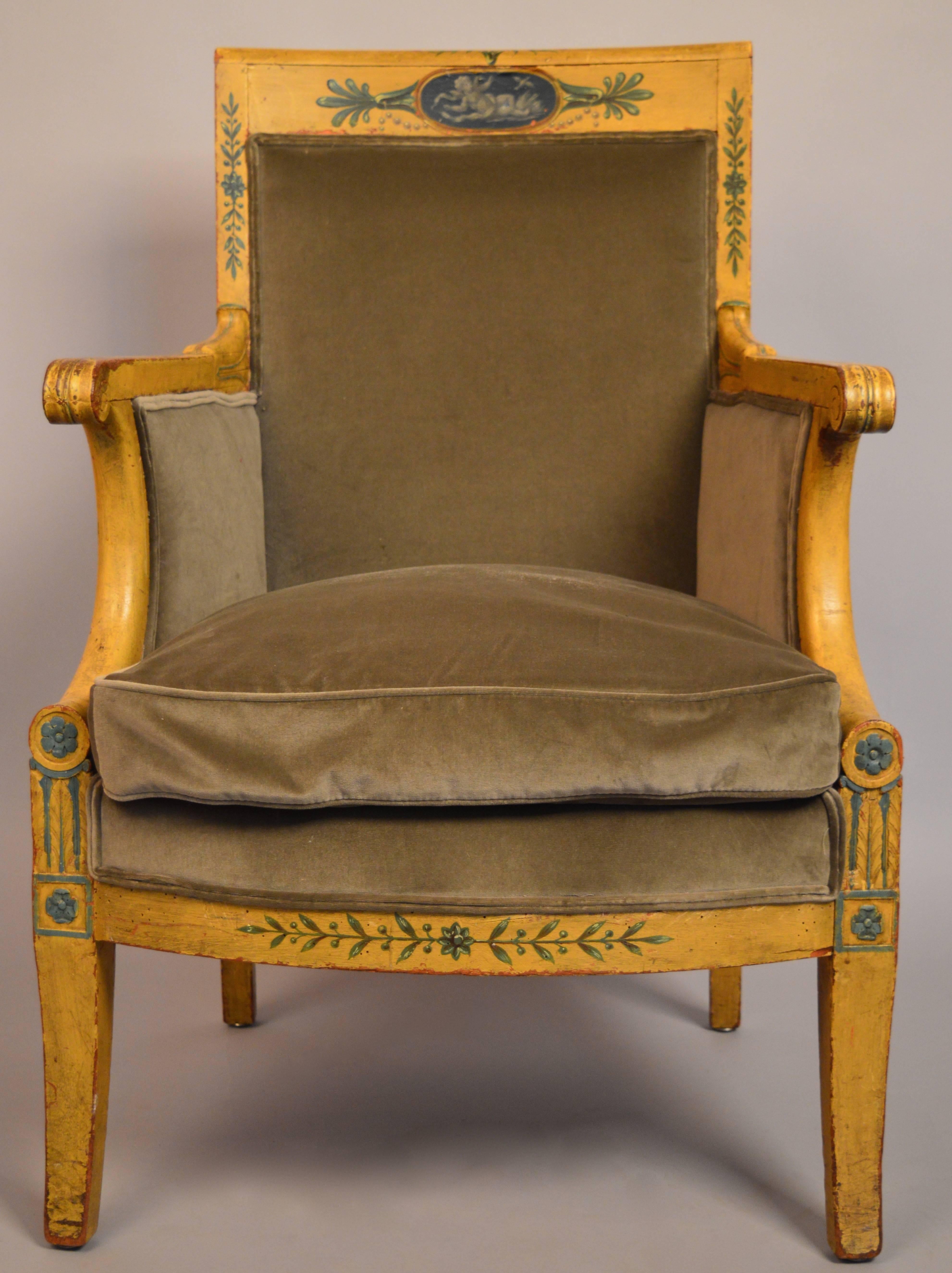 An early 19th century Austrian bergere retaining the original paint. The painted cartouche with a chain of pearls is especially elegant and detailed.
The chair has been reupholstered with Dutch cotton velvet and a down cushion.