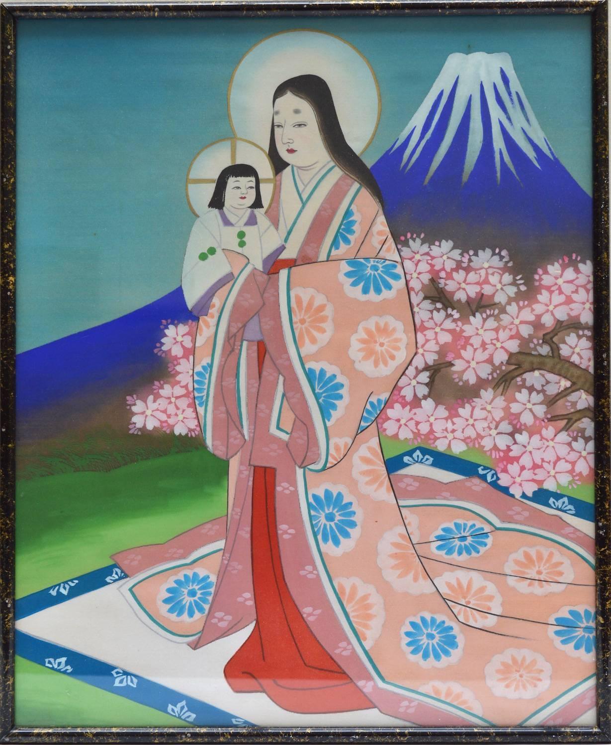 An extremely fine painting on silk of the Madonna and child painted by a Japanese Carmelite nun (Sister Teresa) in Tokyo late 1960s.
The painting was purchased in Belgium and was a gift from the Carmelite Cloister during a Mission visit in the late