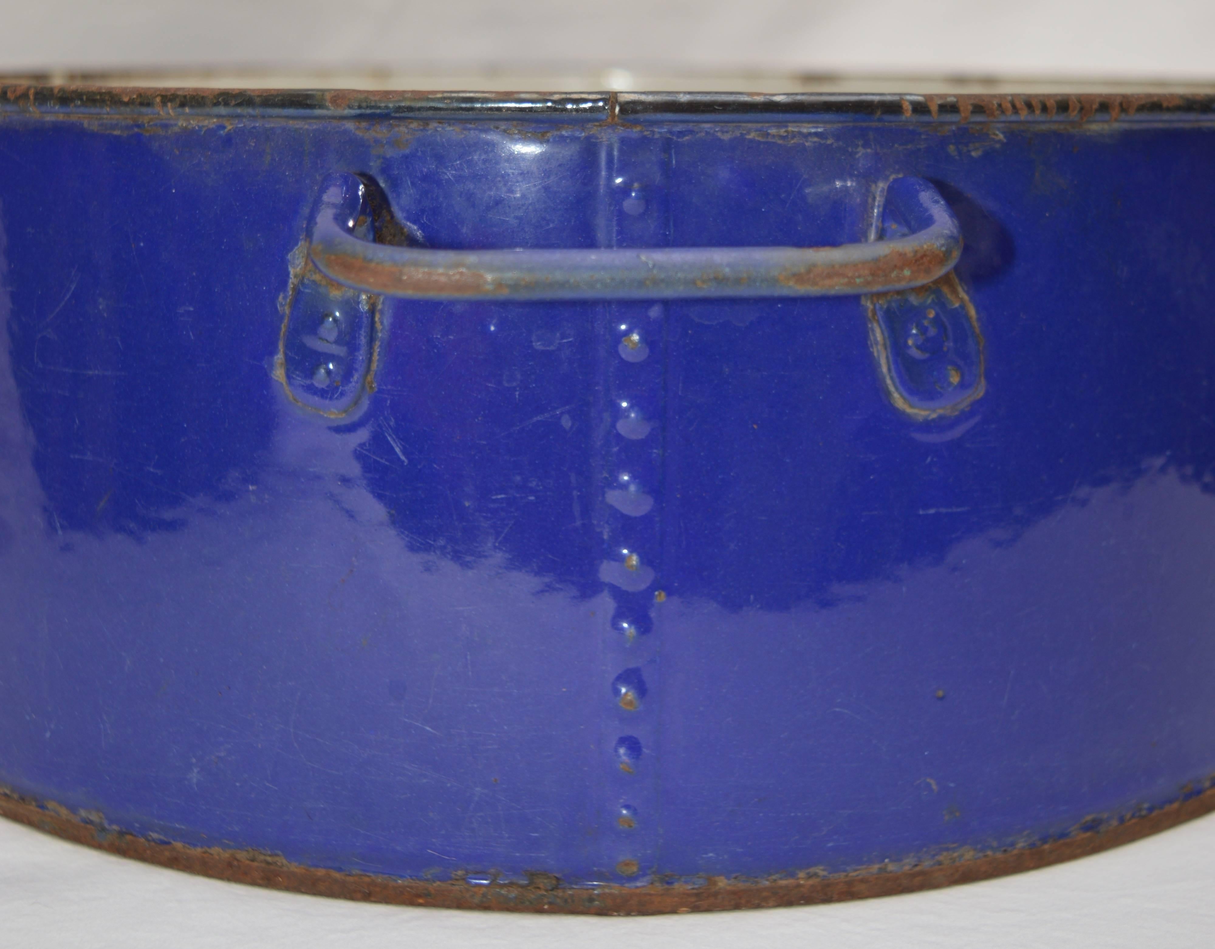 Hungarian Large Vintage Blue Enamel Ware  Pot