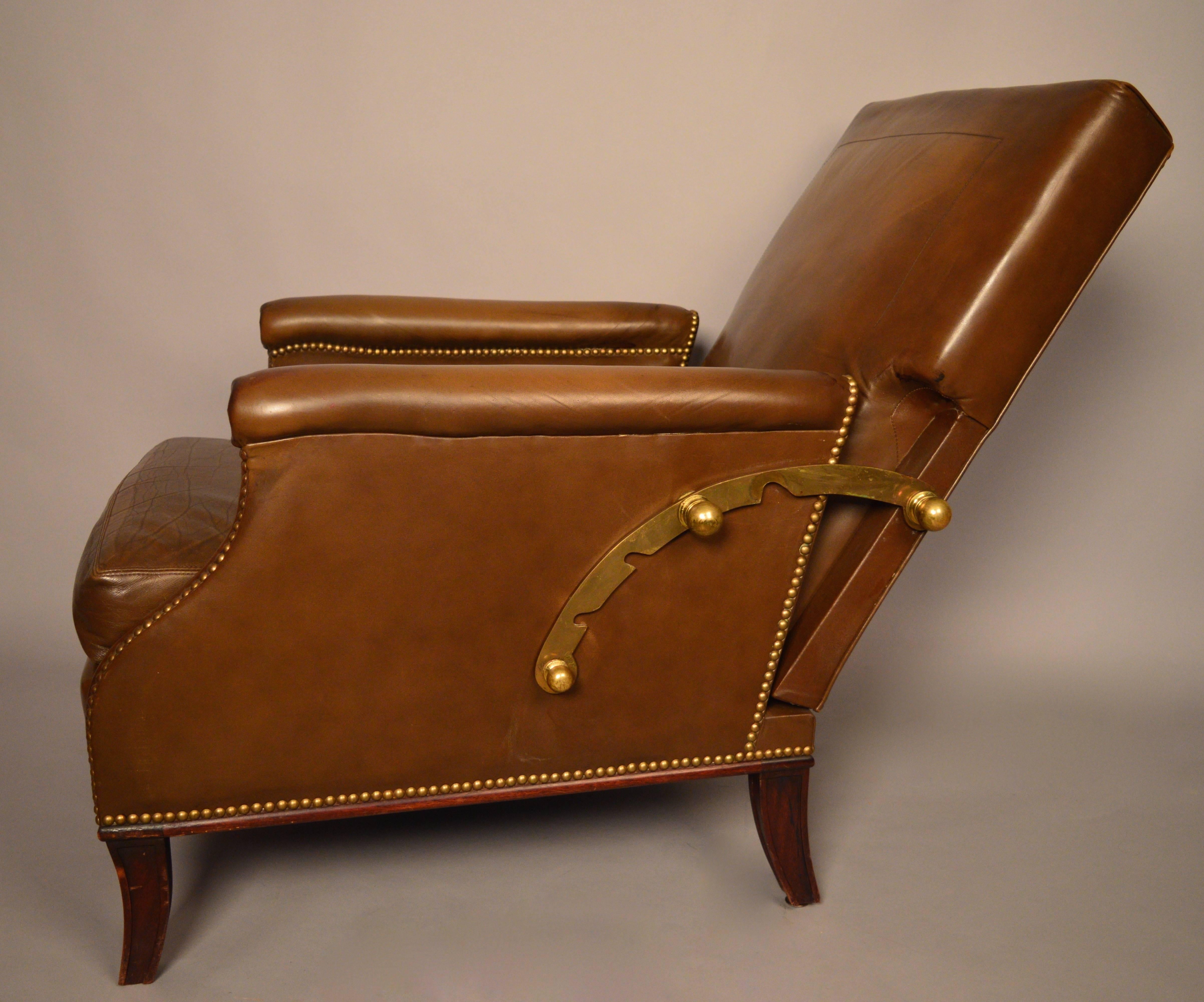 Neoclassical Pair of French Leather Reclining Armchairs