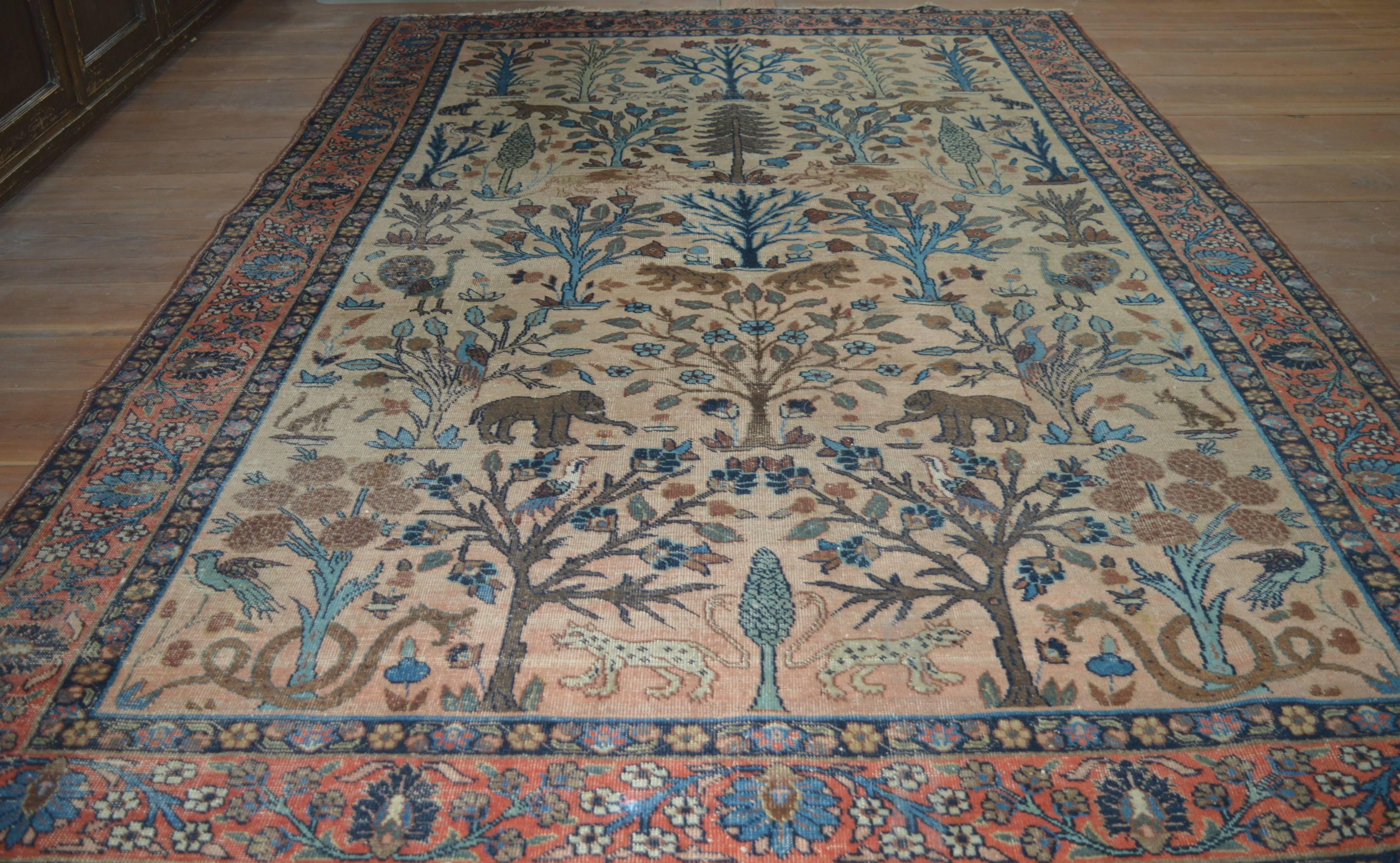 A stunning and rare 19th century Persian Sultanabad carpet depicting wild jungle animals, birds and foliage. 
The natural dyes retain their rich and subtle colors that Sultanabad carpets are known for.
Beautiful abrash and overall wear.