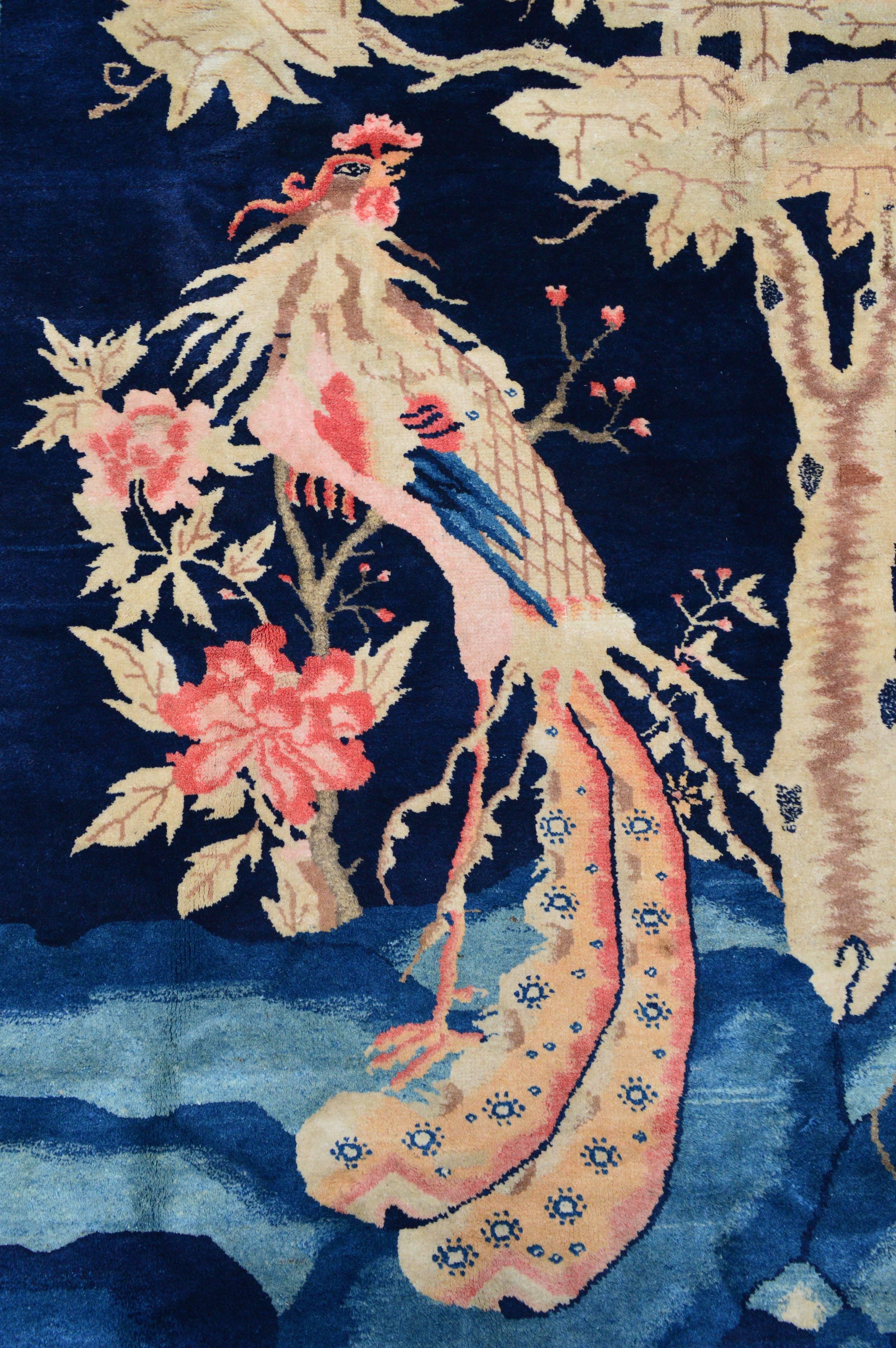 Wool Antique Blue 19th Century Peking Chinese Ceremonial Carpet with Phoenix Birds