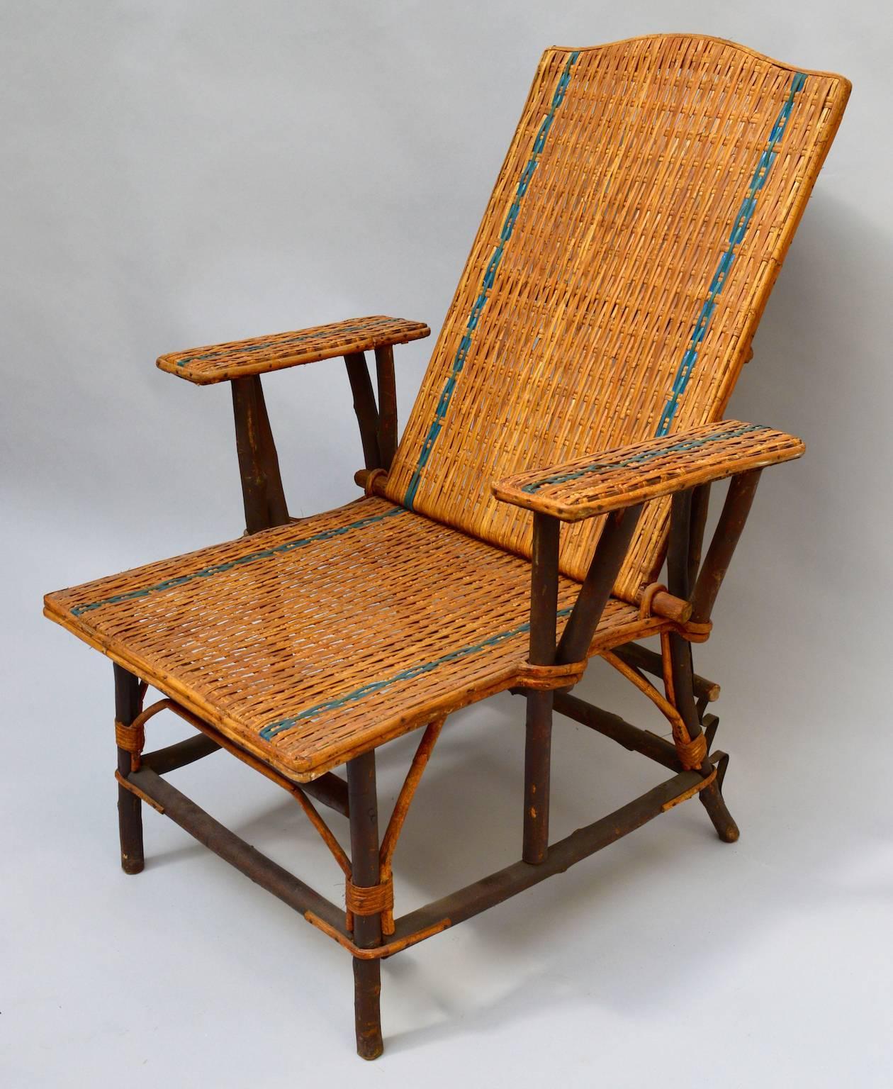 Art Deco Vintage French Woven Rattan Wicker Lounge Chair