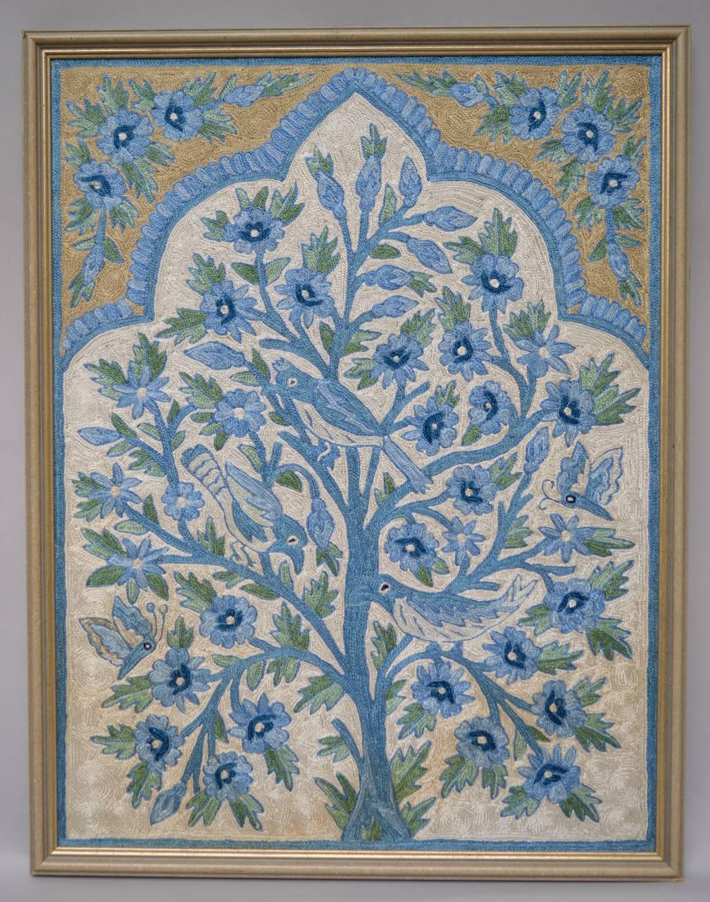 20th Century Silk Uzbekistan Suzani Crewelwork Blue and White 