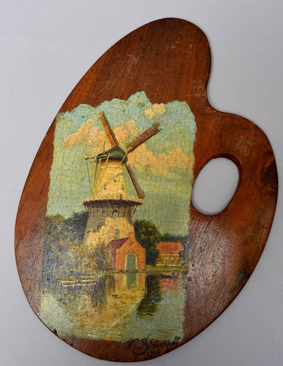 Folk Art Landscape Paintings Painted on Wood Artist Palettes Dated 1910 In Good Condition In Antwerp, BE