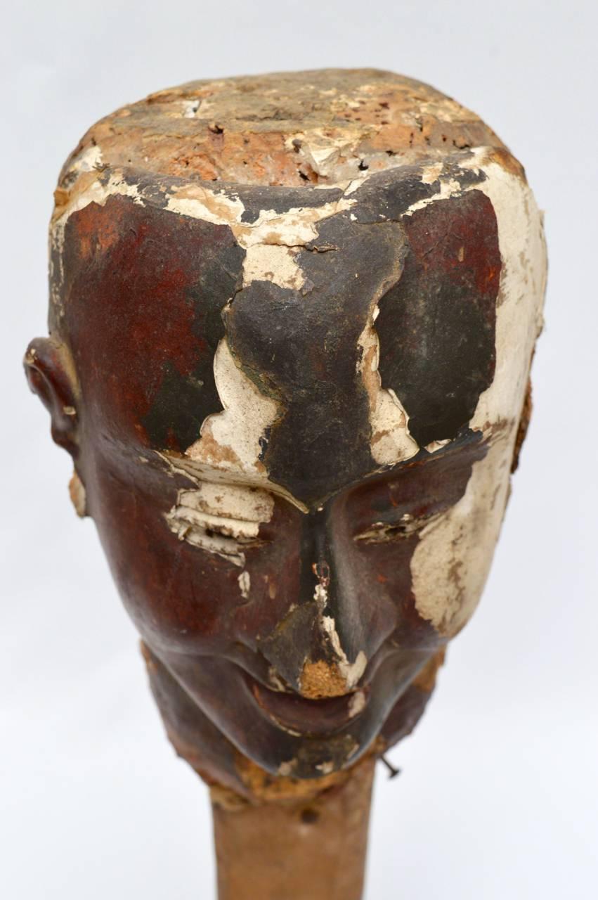 Carved Folk Art Wood and Gesso Painted Head, Early 19th Century For Sale