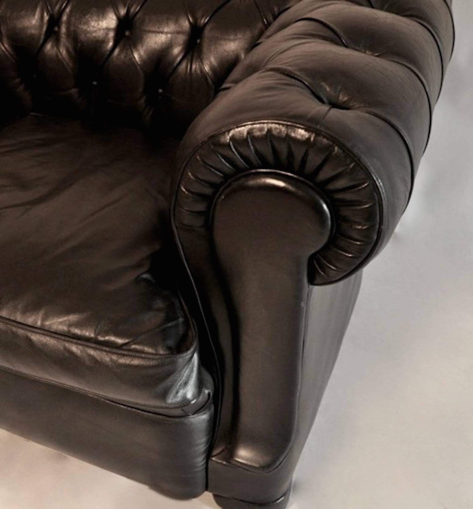 20th Century Vintage English Black Leather Chesterfield Three-Seat Sofa