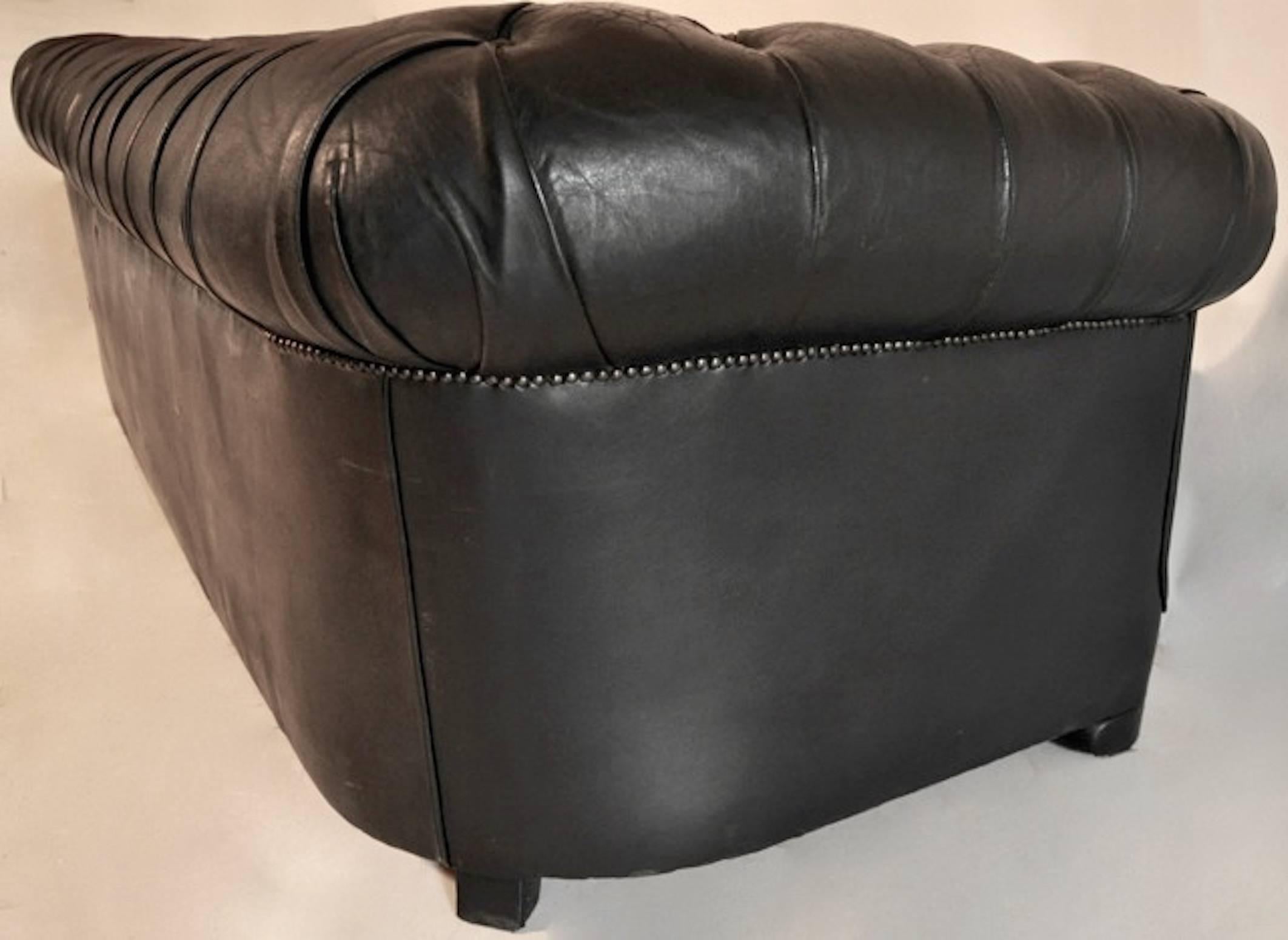 Vintage English Black Leather Chesterfield Three-Seat Sofa 1