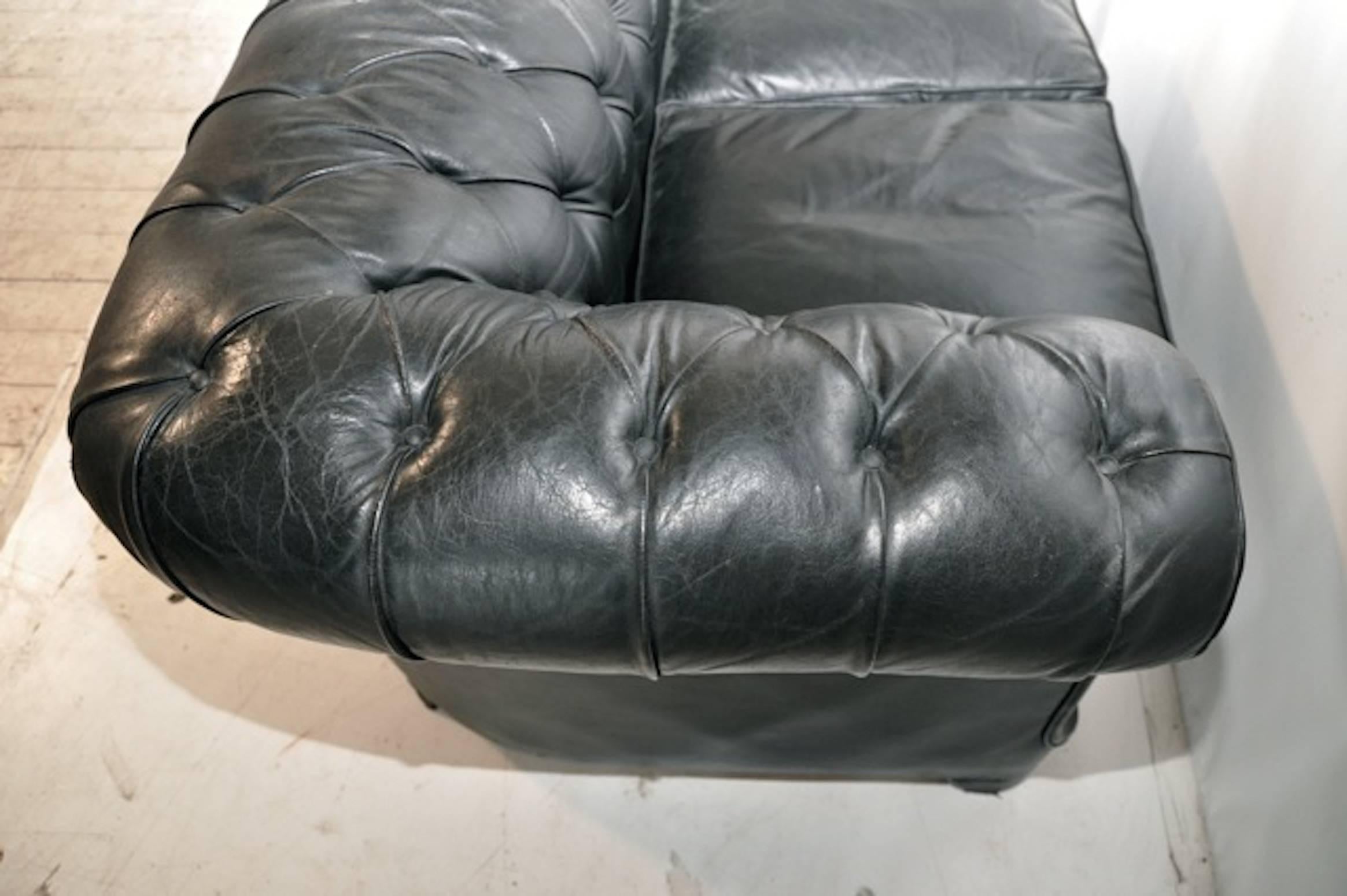 Vintage English Black Leather Chesterfield Three-Seat Sofa 2