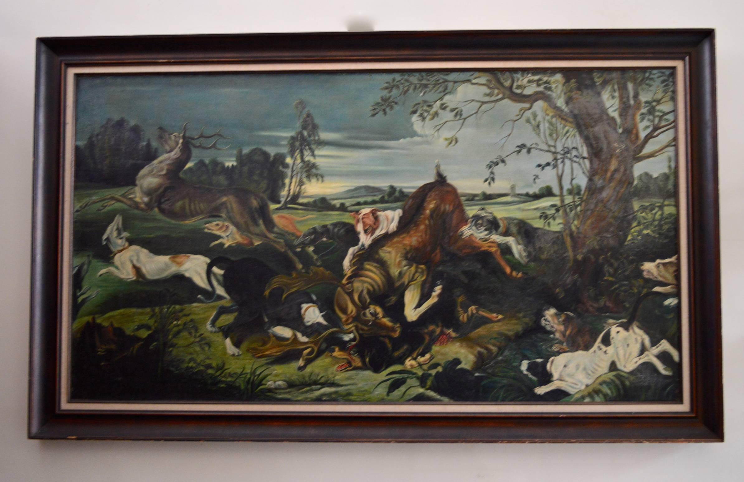 This large hunting painting came from a manor hunting lodge in the Bourgogne region of France. Fantastically decorative and bearing the original frame the painting is signed and dated 1952 and is an academy study of the much larger (220x420 cm)17th