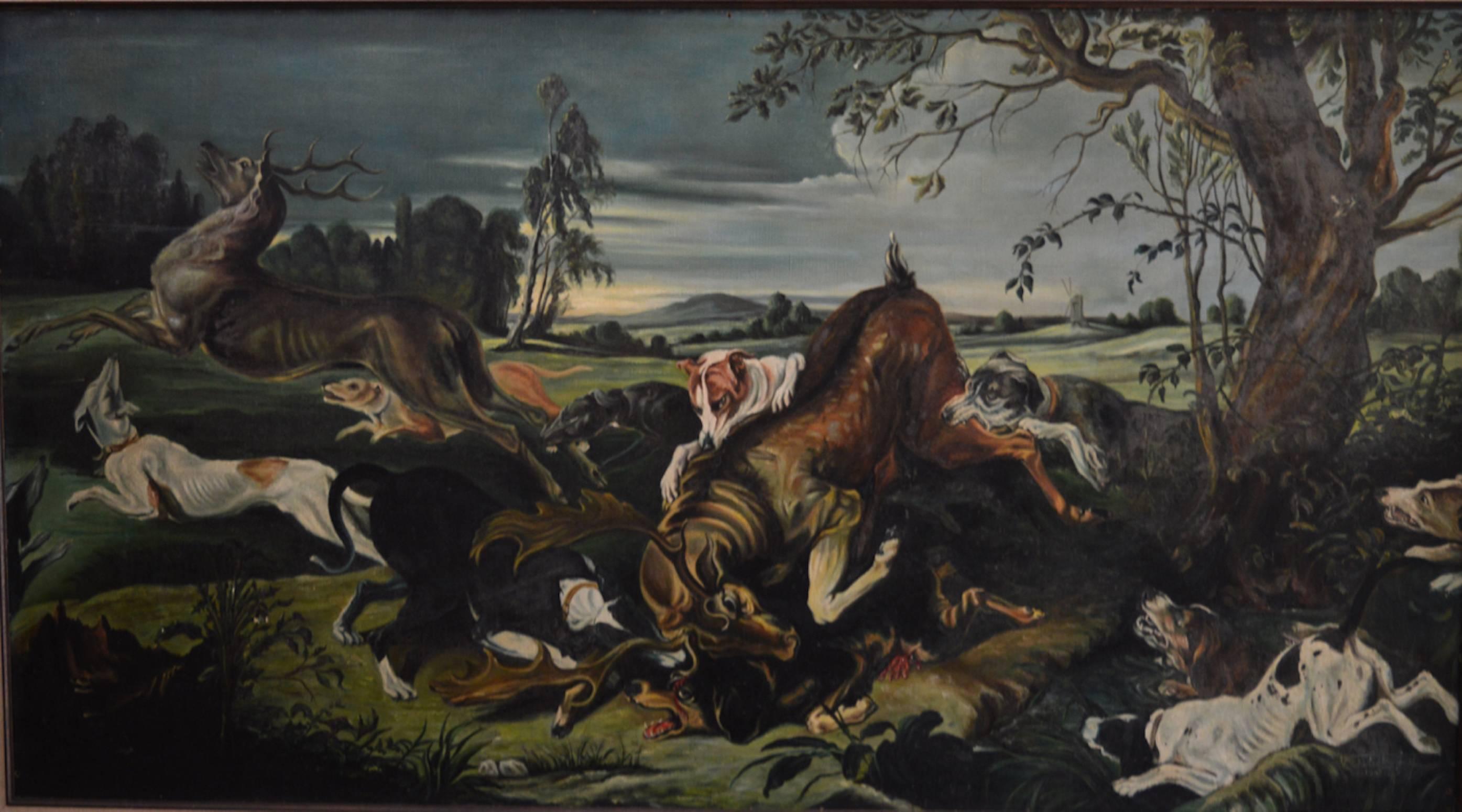 Large Flemish 17th century style Deer and Dog Hunt Painting 