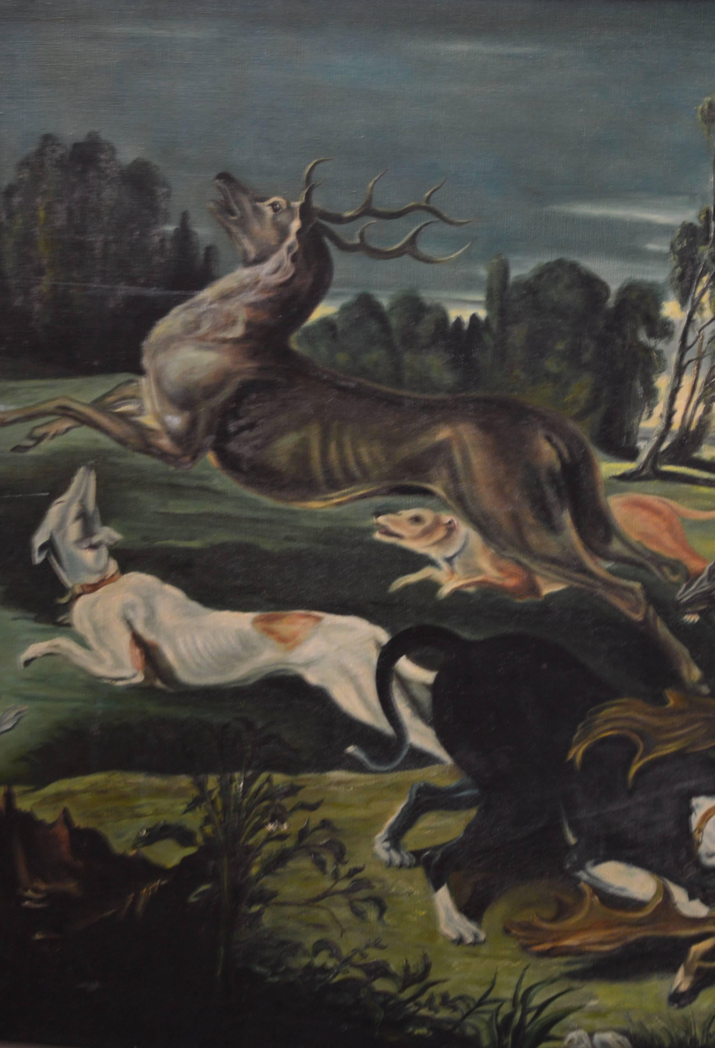 Large Flemish 17th century style Deer and Dog Hunt Painting 