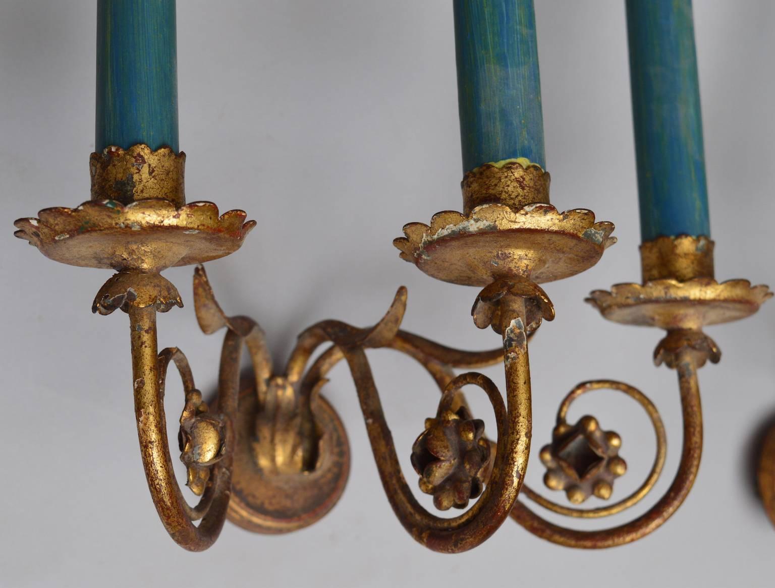 Hollywood Regency Pair of Italian Vintage Tole and Iron Sconces For Sale