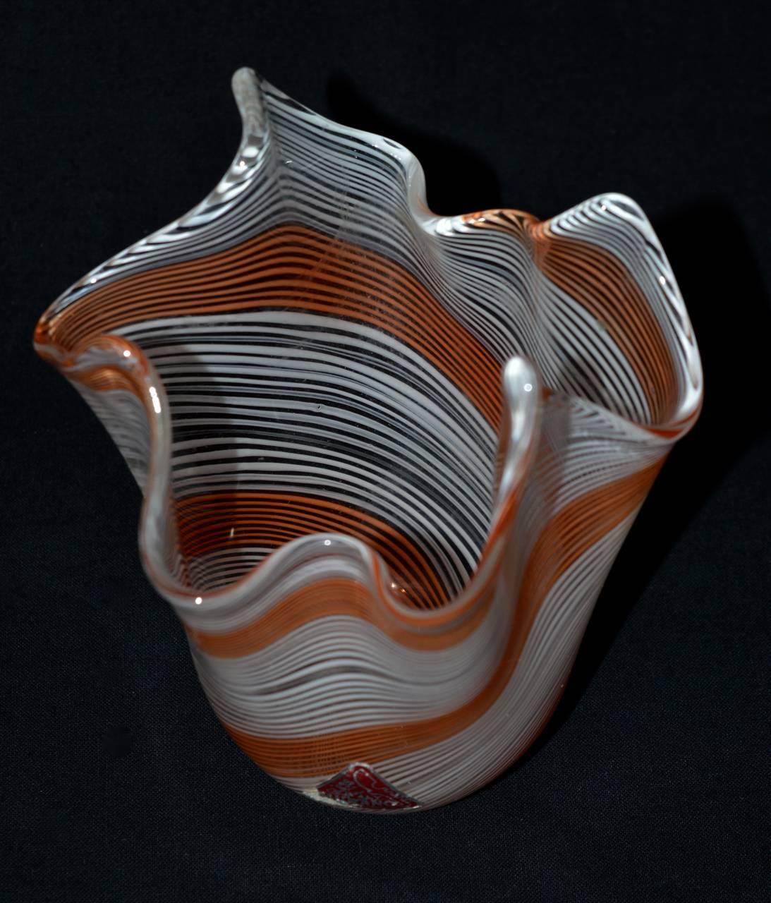 Mid-Century Modern Mid-Century Murano Glass Handkerchief Vase in White and Hermes Orange Stripes
