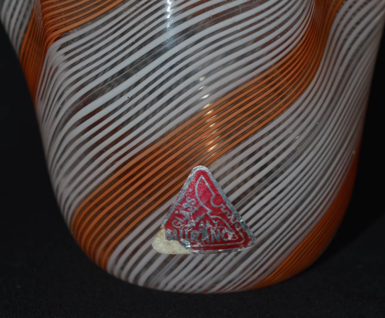 Mid-Century Modern Mid-Century Murano Glass Handkerchief Vase in White and Hermes Orange Stripes