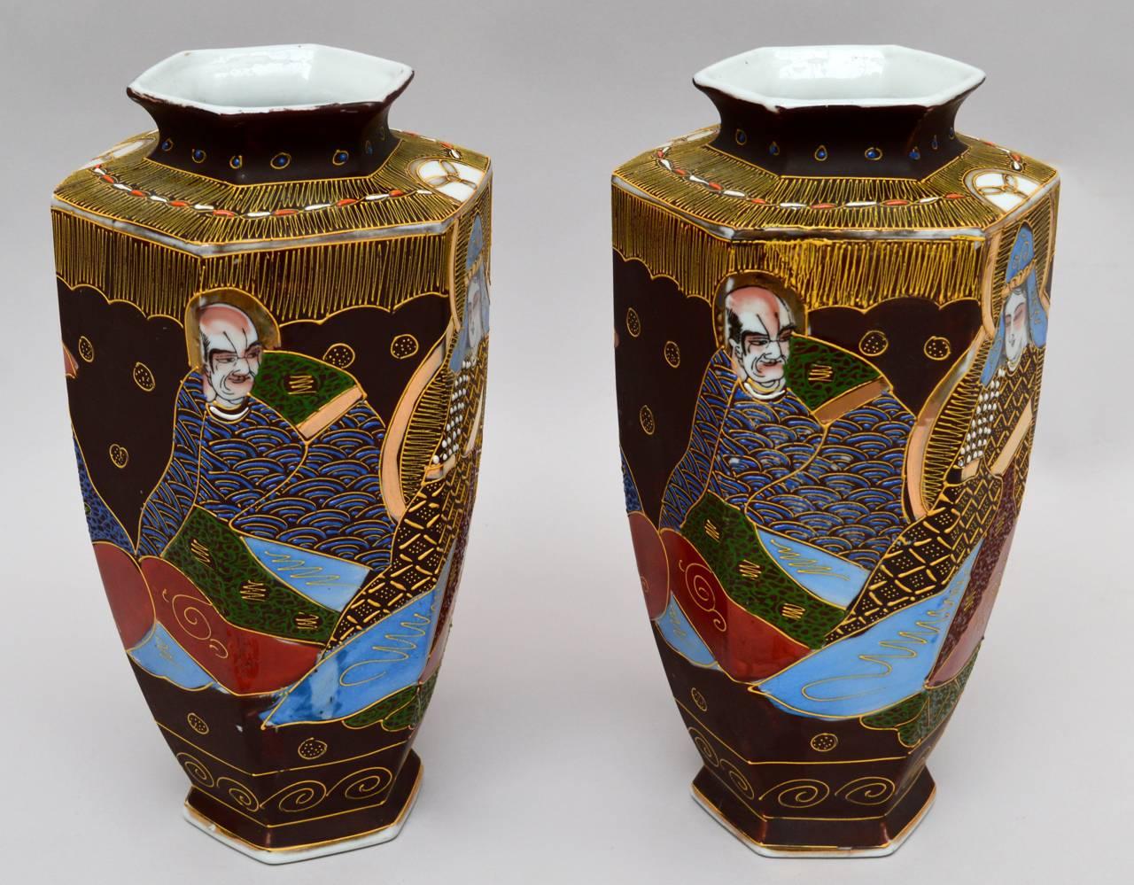 A pair of Japanese hand-painted Satsuma vases in an uncommon hexagonal shape. Excellent condition. Made in the mid-1930s for the European export market and marked ;made in Japan
Most of the Japanese ceramics from 1921 to 1941 are marked either Japan