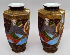 Pair of Japanese Satsuma Hexagonal Vases