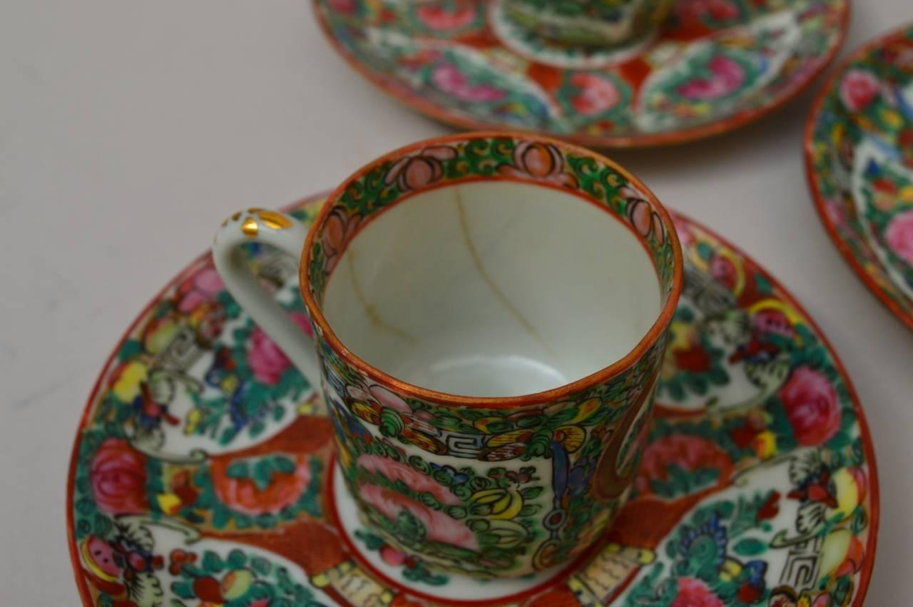 20th Century Chinese Porcelain Rose Medallion Set of Tea Cups and Espresso Cups
