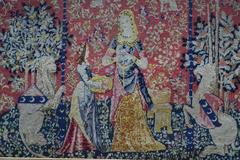 Medieval Style Flemish Needlework Tapestry of a Lion, Maidens and Unicorn