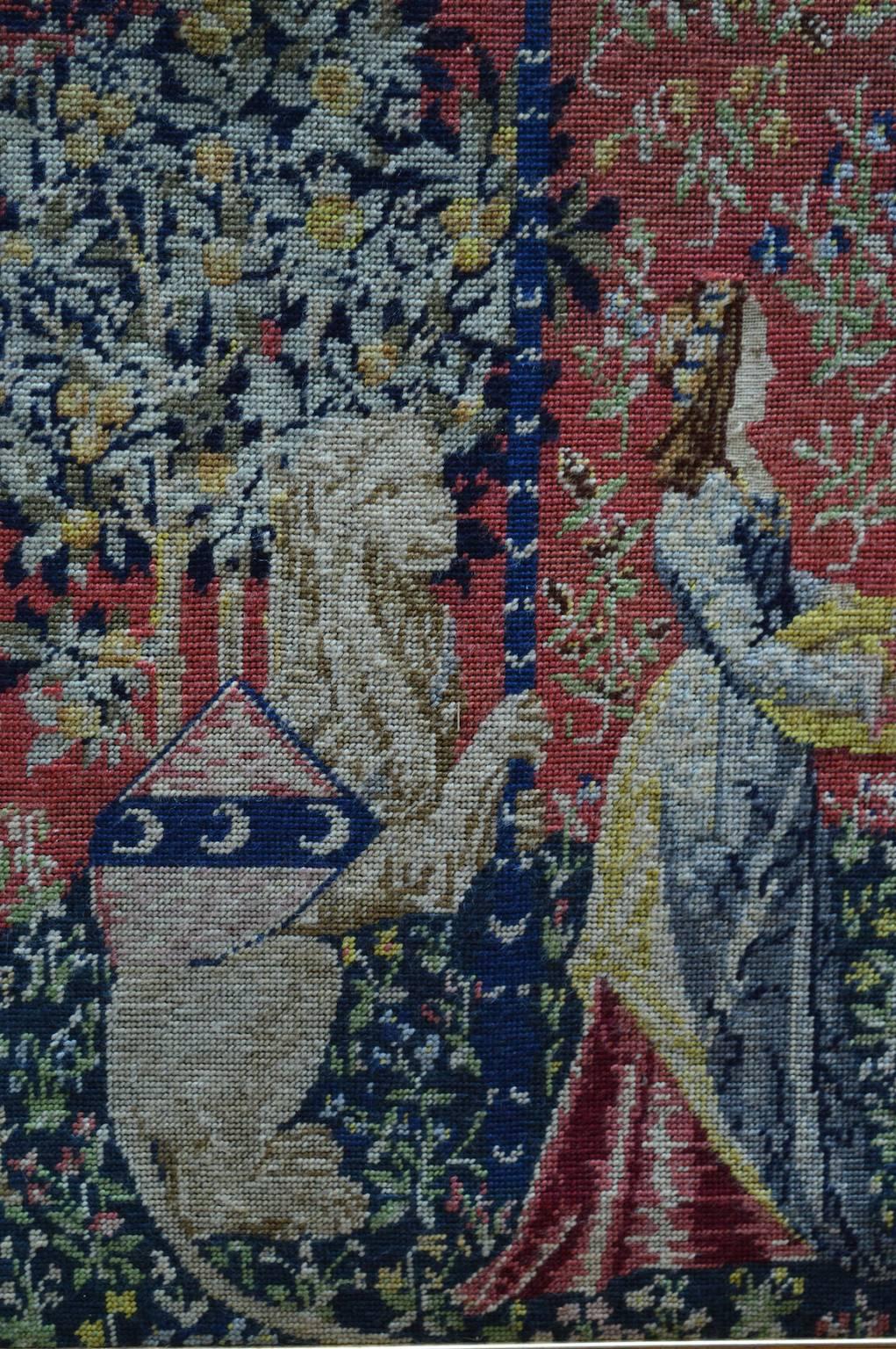 Belgian Medieval Style Flemish Needlework Tapestry of a Lion, Maidens and Unicorn
