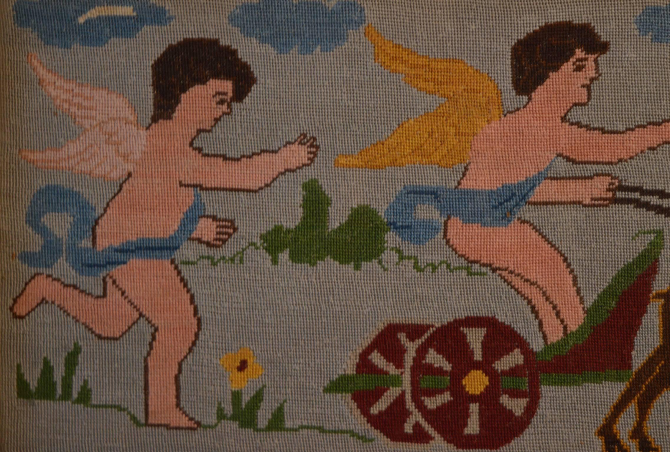 Swedish Needlepoint Textile Showing Cherubs with a Chariot Pulled by Deer In Good Condition For Sale In Antwerp, BE