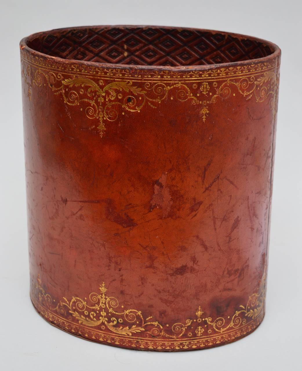 French Gold Embossed Cognac Leather Trash Can For Sale at 1stdibs