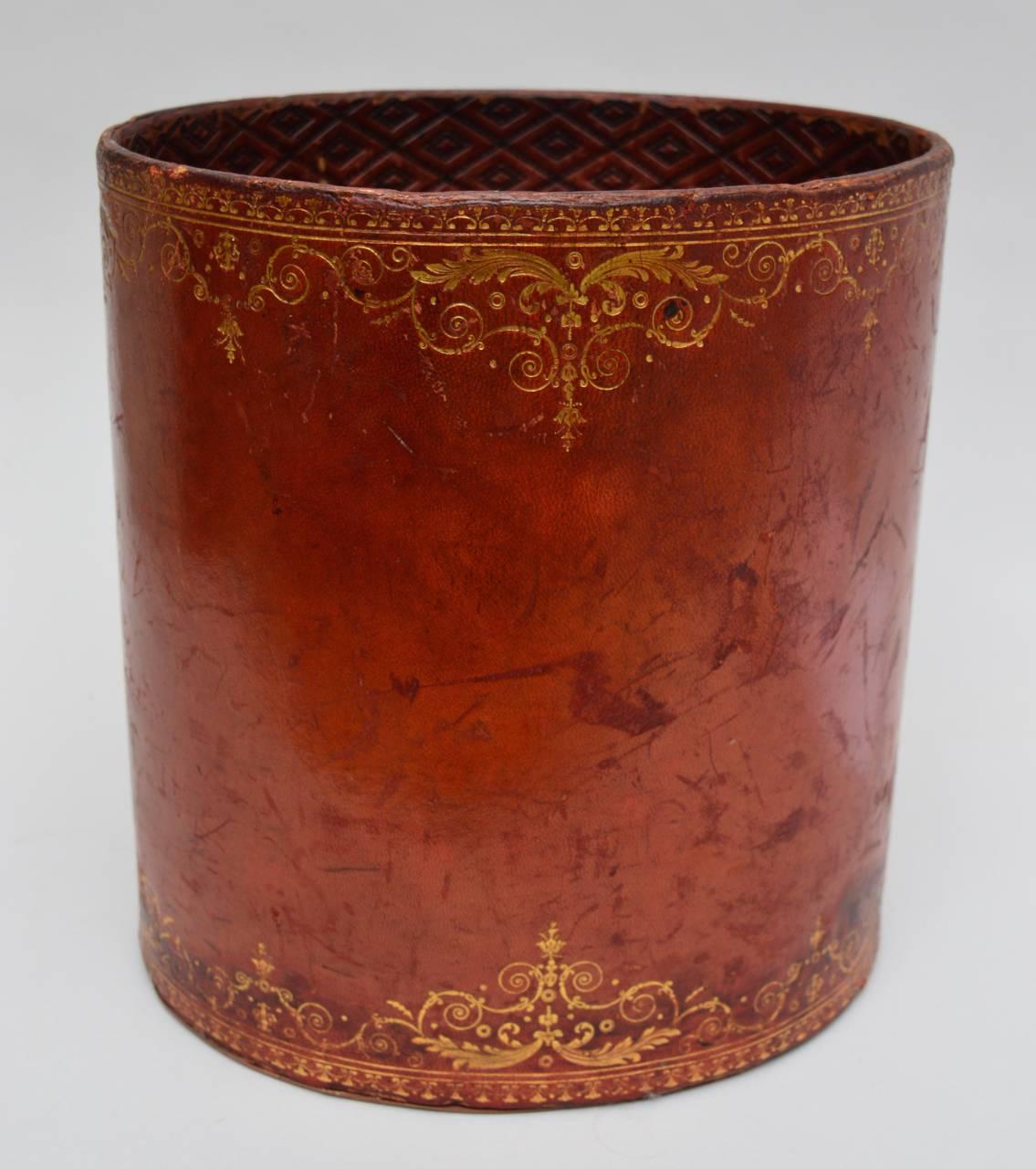French Gold Embossed Cognac Leather Trash Can at 1stDibs trash can in