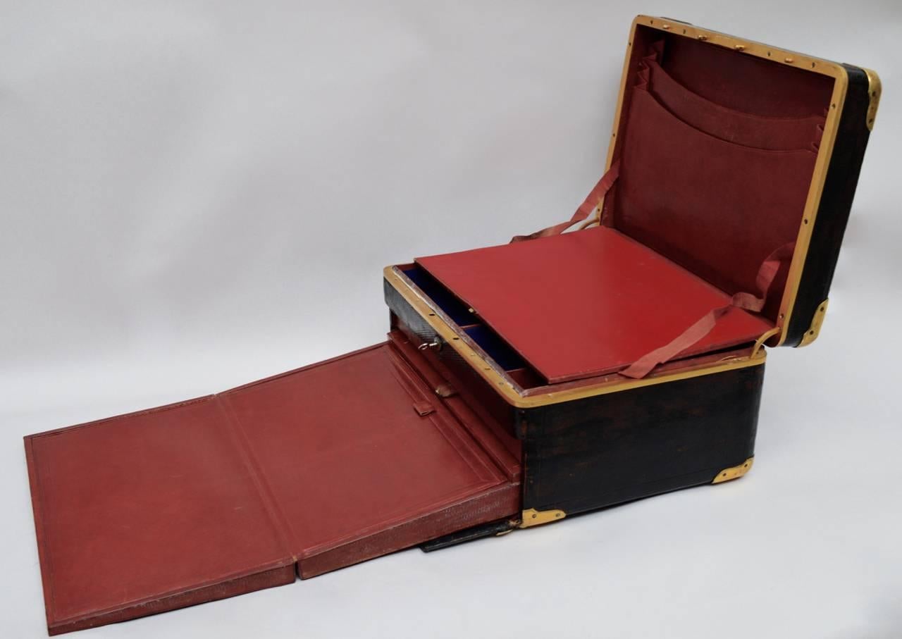 19th Century French Leather Box with Brass Mounts for Jewelry and Writing, circa 1900