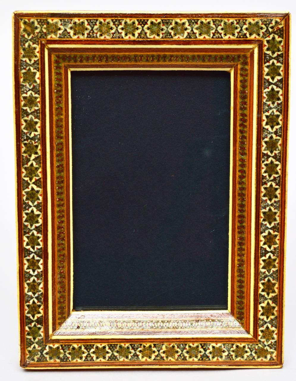 A very elegant Persian inlaid micro mosaic photo frame. Inlaid with wood, bone and metal. Ready for your photo or to give as a gift.
