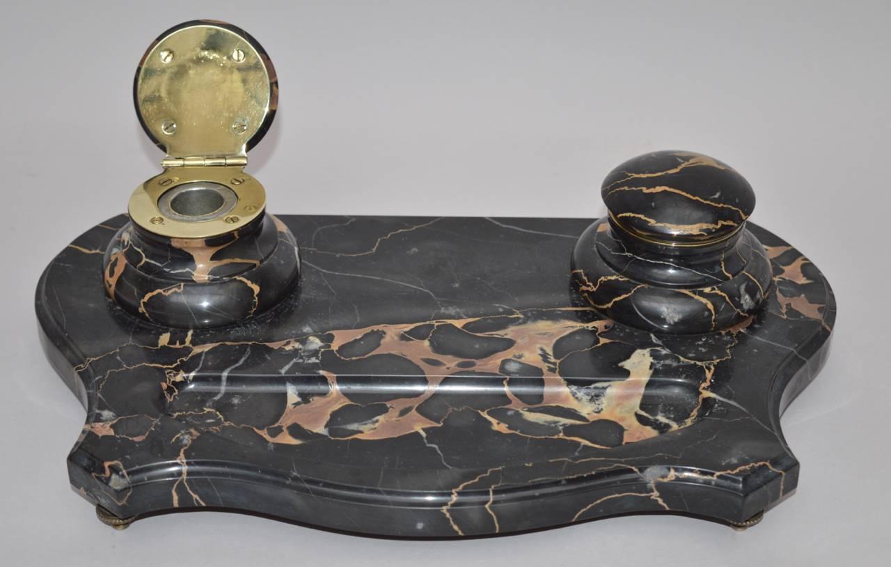 19th century Napoleon III French inkwell set. Carved from Italian portoro marble 
with brass mounts and feet.