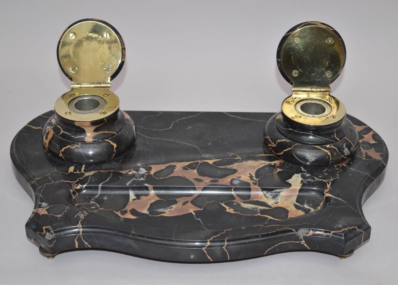 French Napoleon III Black Portoro Marble Inkwell Desk Set In Good Condition For Sale In Antwerp, BE