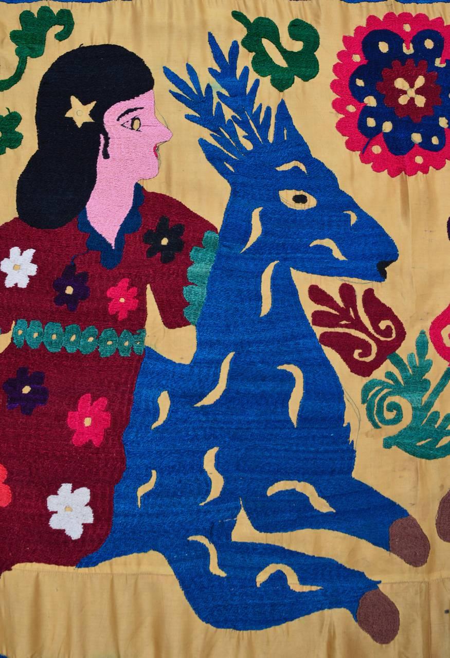 Large Vintage Hand Embroidered Uzbek Suzani Silk Wall Hanging with Deer 1