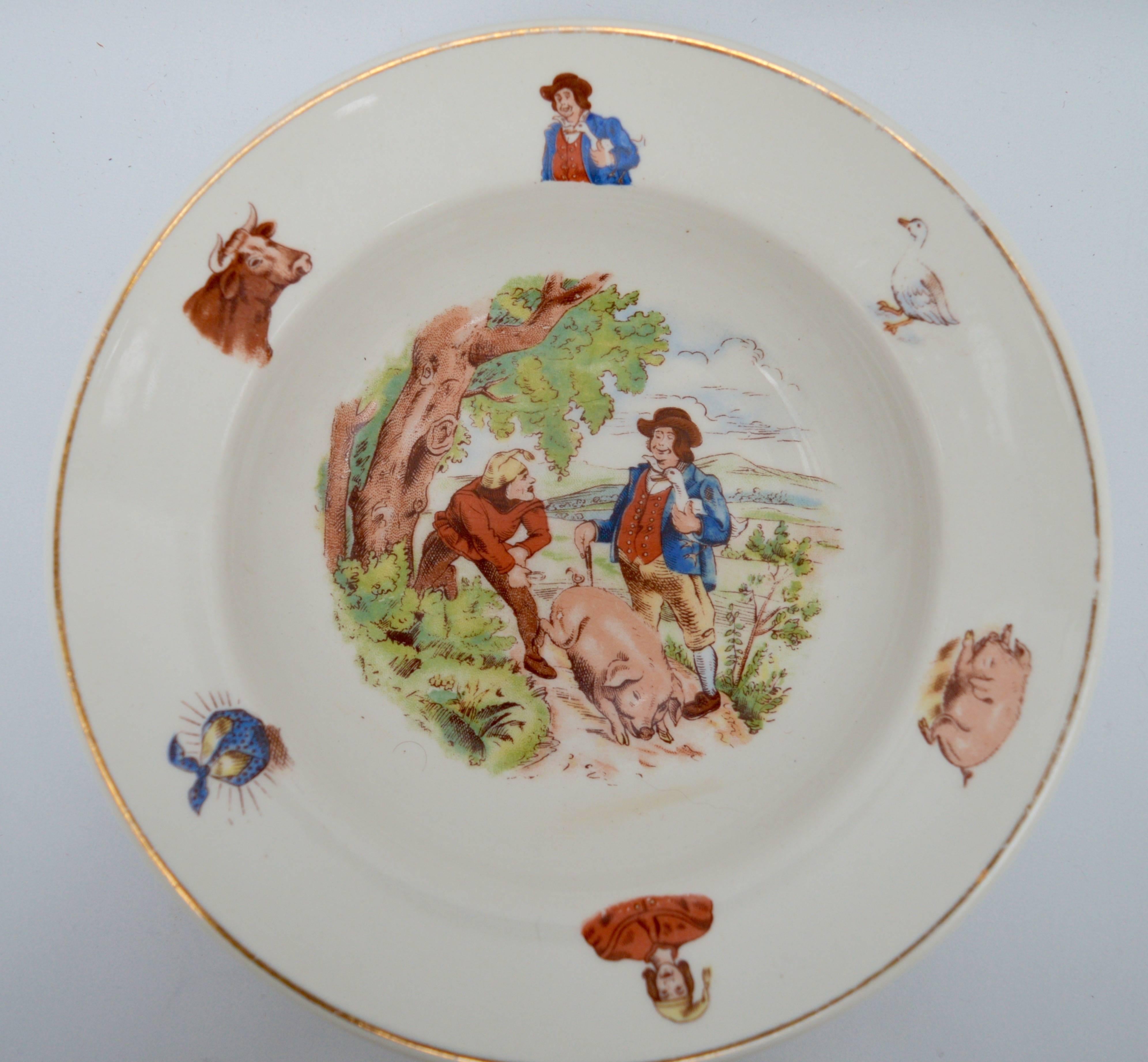 Wonderful English childs plate and bowl set. 
Decorated with pictures from several nursery rhymes such as 