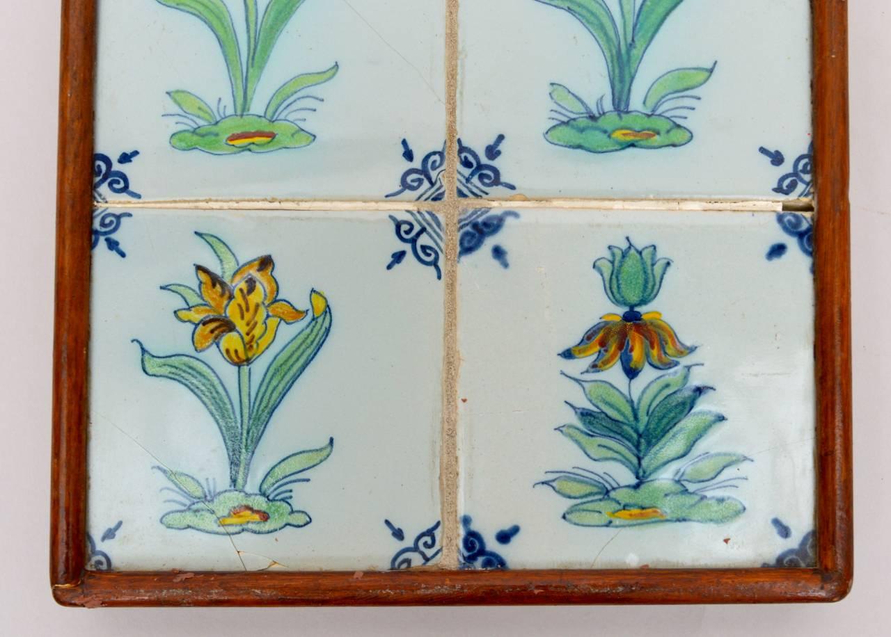 18th Century Dutch Delft Tile Plaque or Trivet Depicting Tulips In Fair Condition In Antwerp, BE