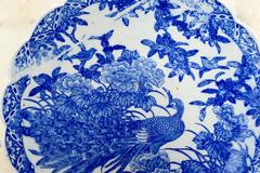Blue and White Japanese Imari Serving Plate with Peacock Decoration