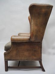 English Georgian Style Brown Leather Wing Chair with Brass Nail Head Trim