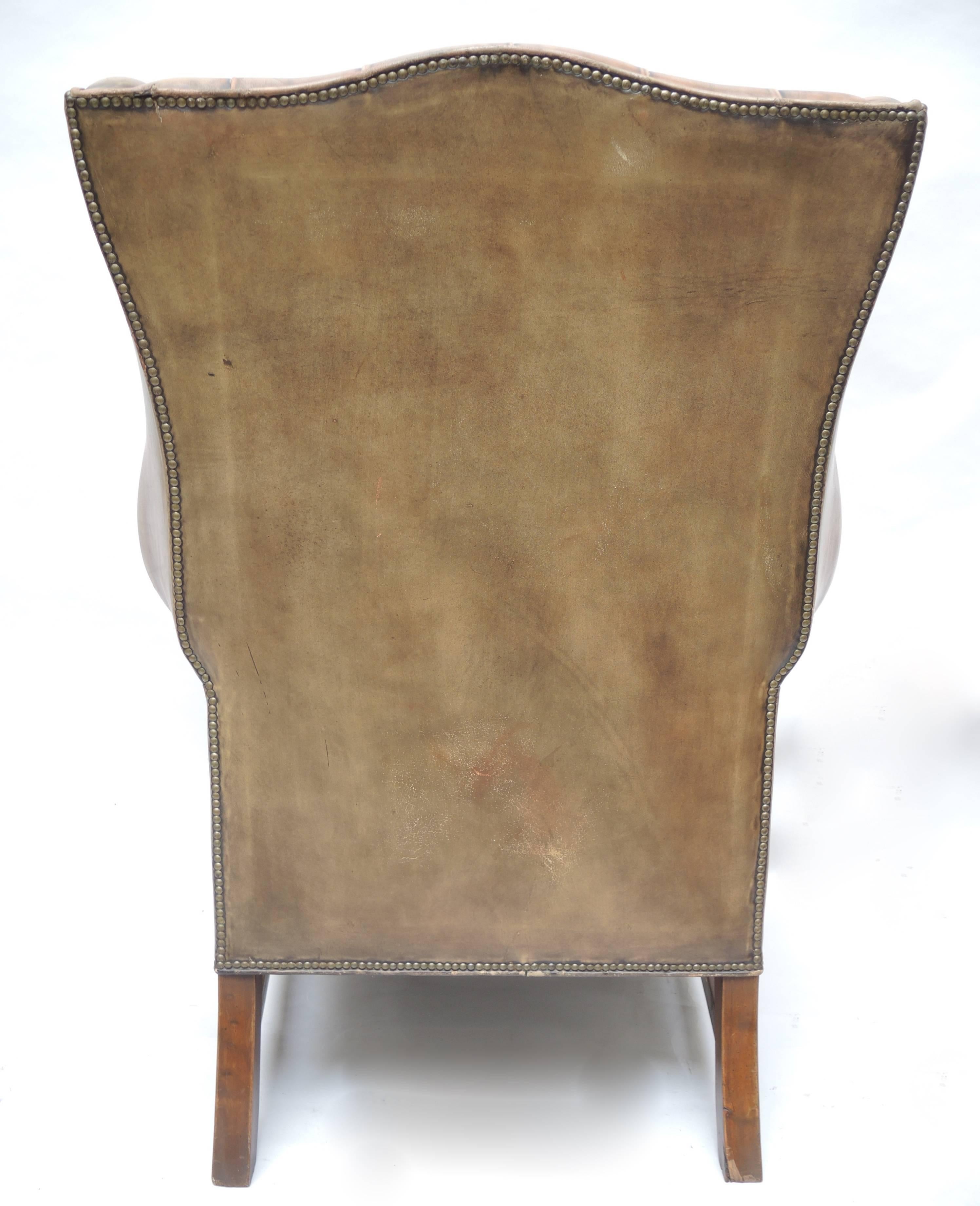 British English Georgian Style Brown Leather Wing Chair with Brass Nail Head Trim