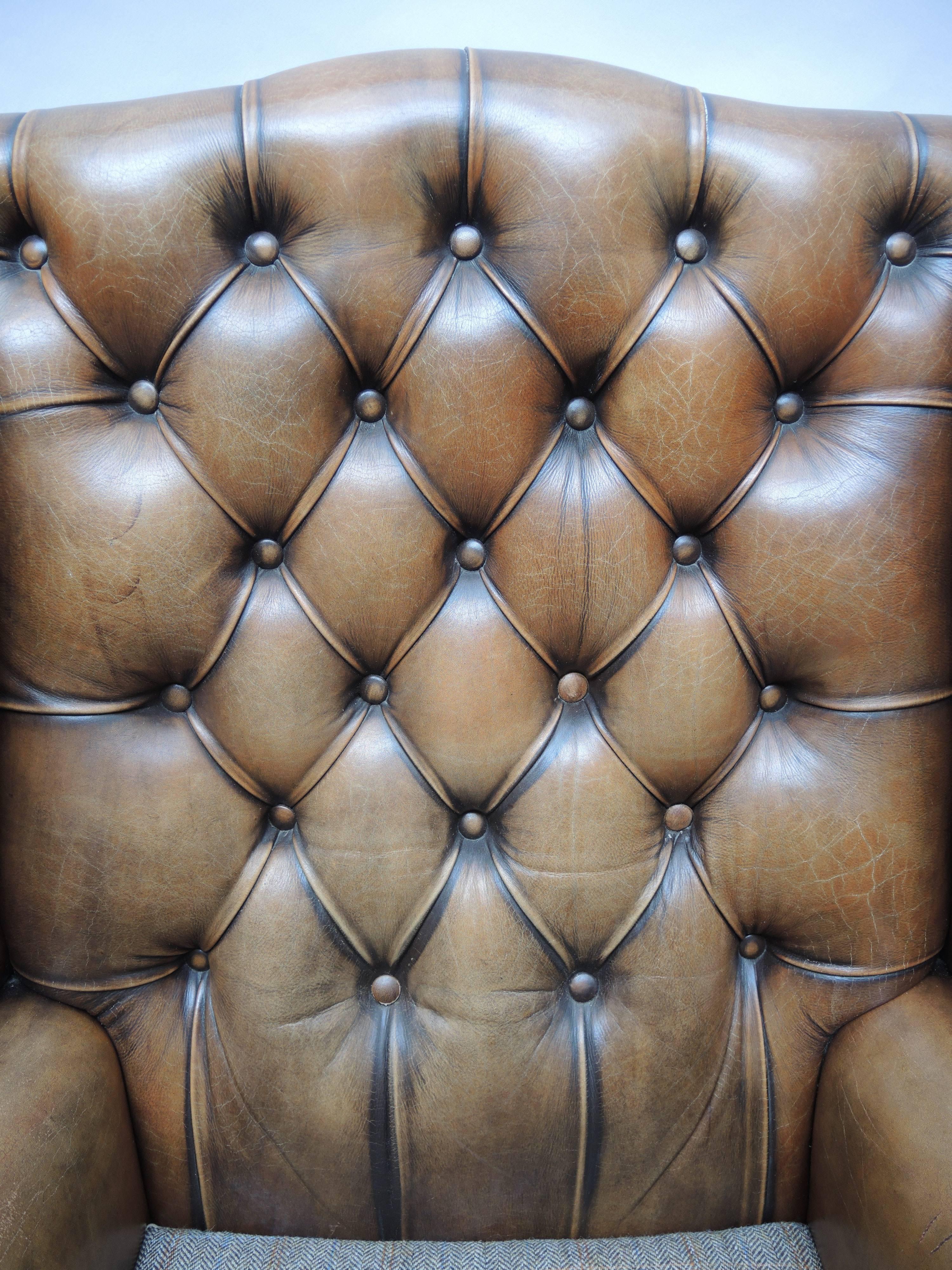 English Georgian Style Brown Leather Wing Chair with Brass Nail Head Trim 4