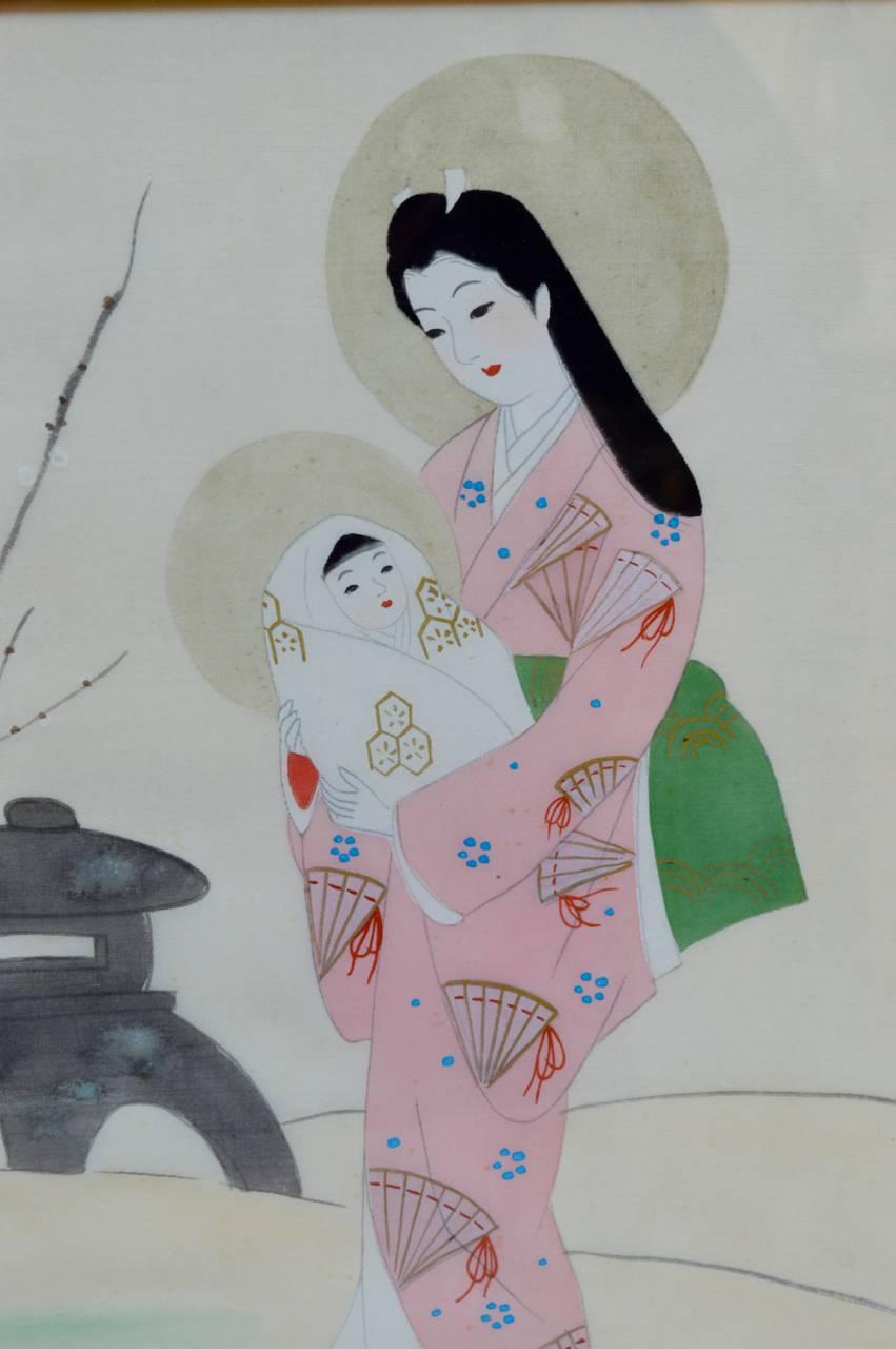 An interesting Christian influenced Japanese painting on silk depicting the Madonna and Child as Japanese. Signed bottom left.