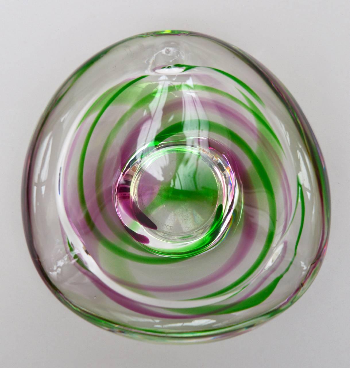 Italian Mid-Century Modern Murano Glass Bowl with Green & Lavender Swirl Design, Signed