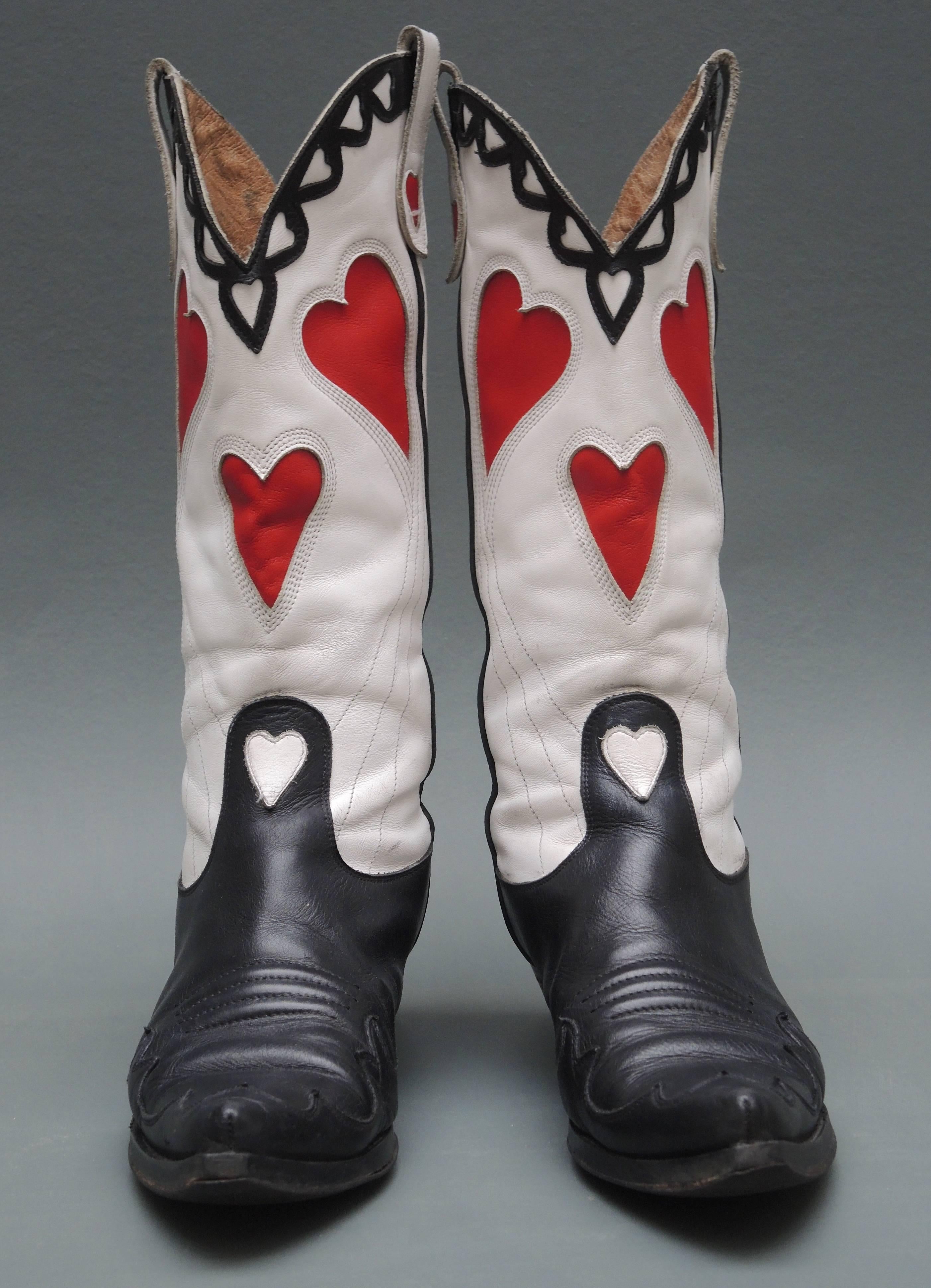 20th Century Pair of Vintage Leather Cowboy Boots Stitched and Inset with Red Heart Designs