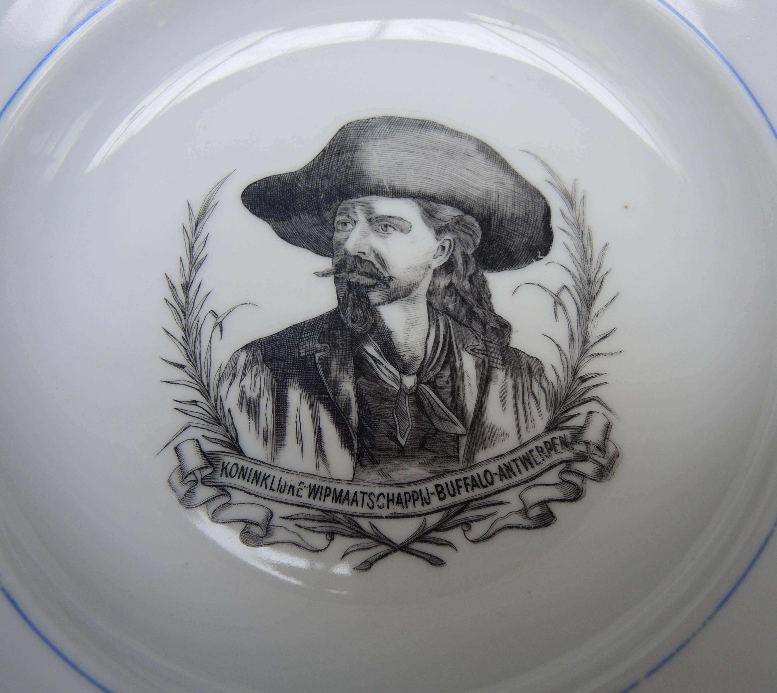 20th Century Set of 12 Blue and White Belgian Plates with a Portrait of Buffalo Bill