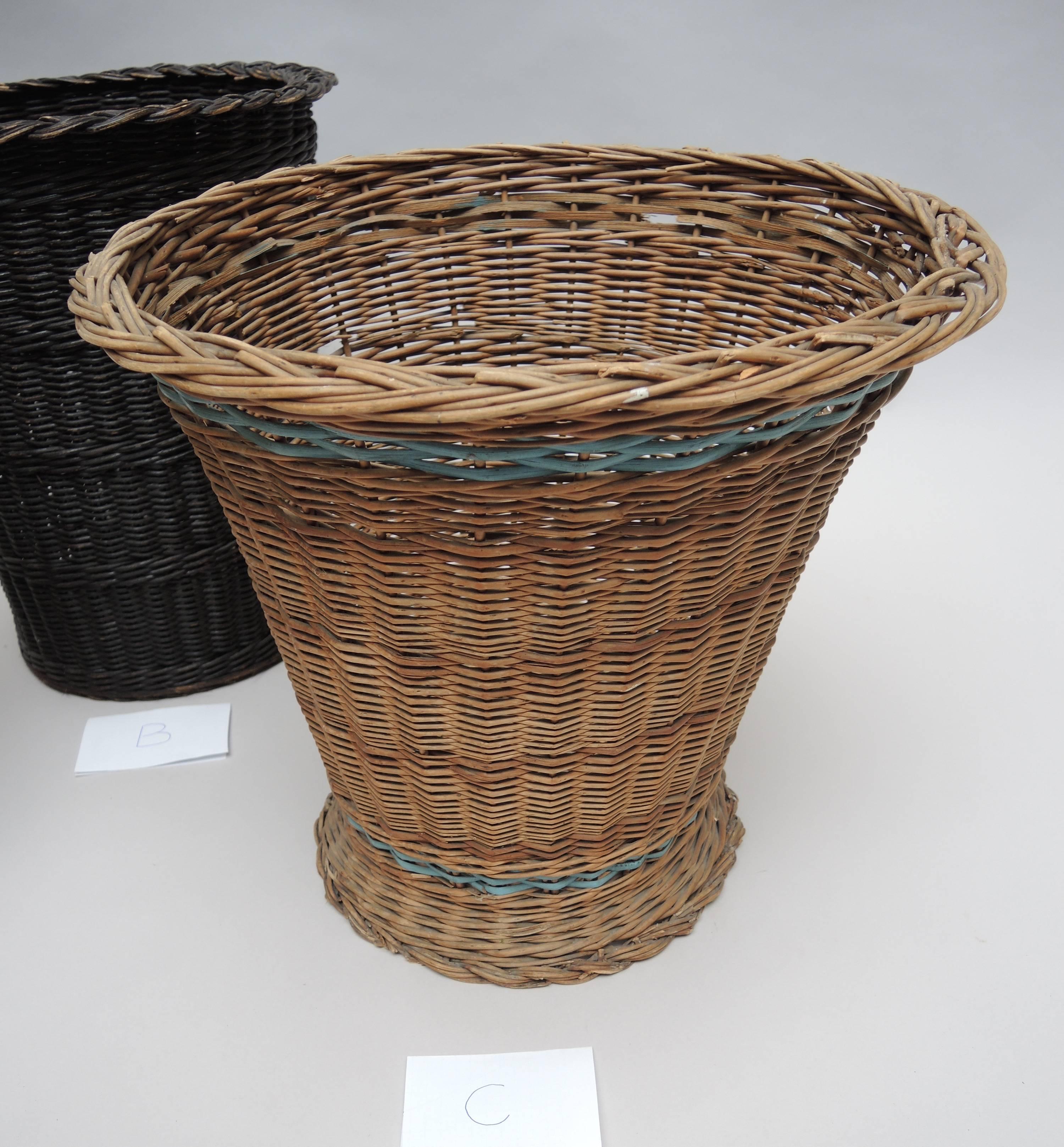  French woven wicker trash can circa 1940. 
Natural woven wicker & blue painted wicker  woven on top and bottom to create a stripe.


 