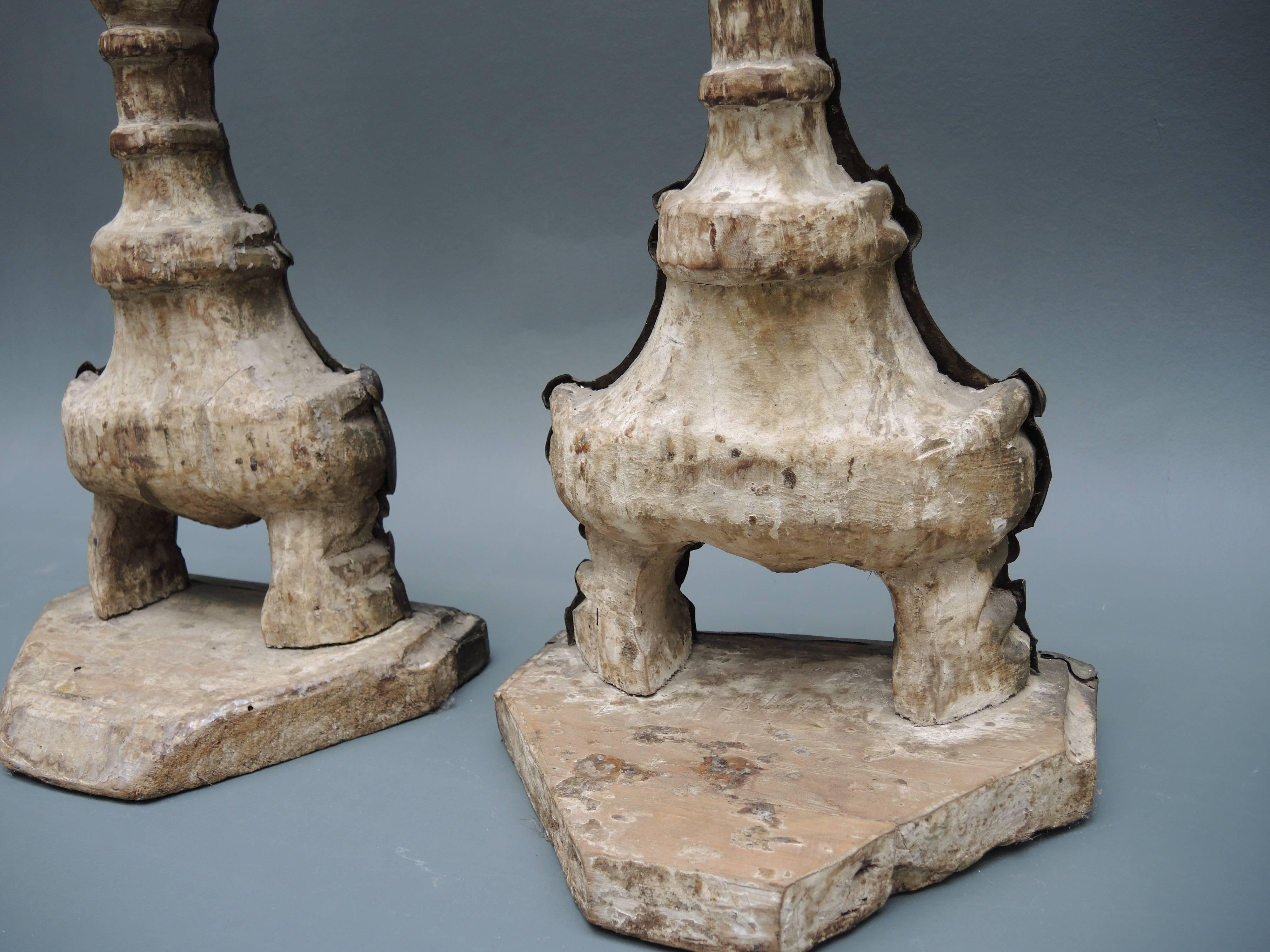 18th Century and Earlier Pair of 18th Century  Italian Altar Candlesticks in Repousse Brass And Wood For Sale