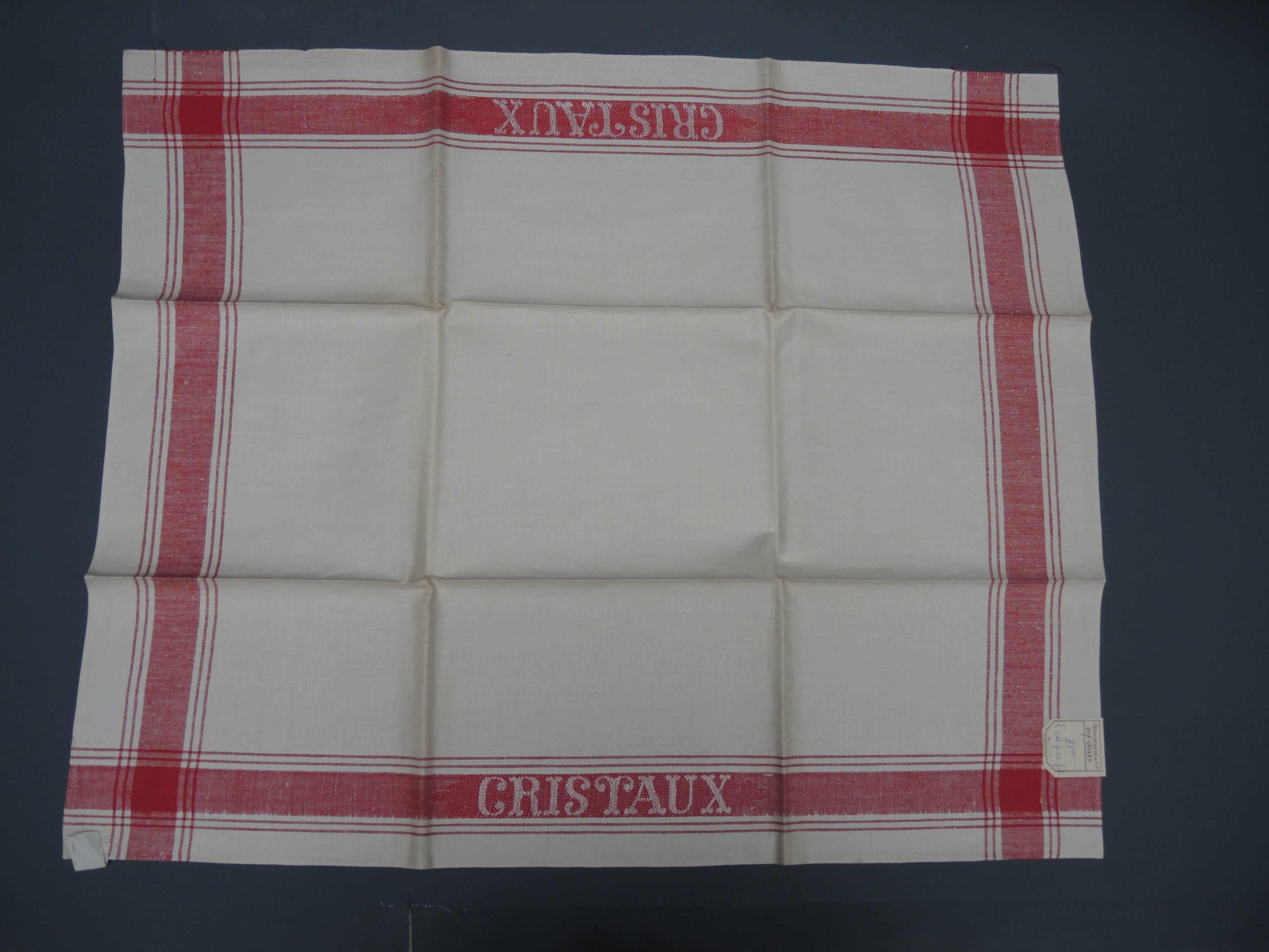 Three large Belgian linen kitchen towels damask Woven "Cristaux" (crystal in French)Never used, circa 1940 with the original tags from an old merchants stock.
 Belgian linen is considered the finest linen because of its fine texture and