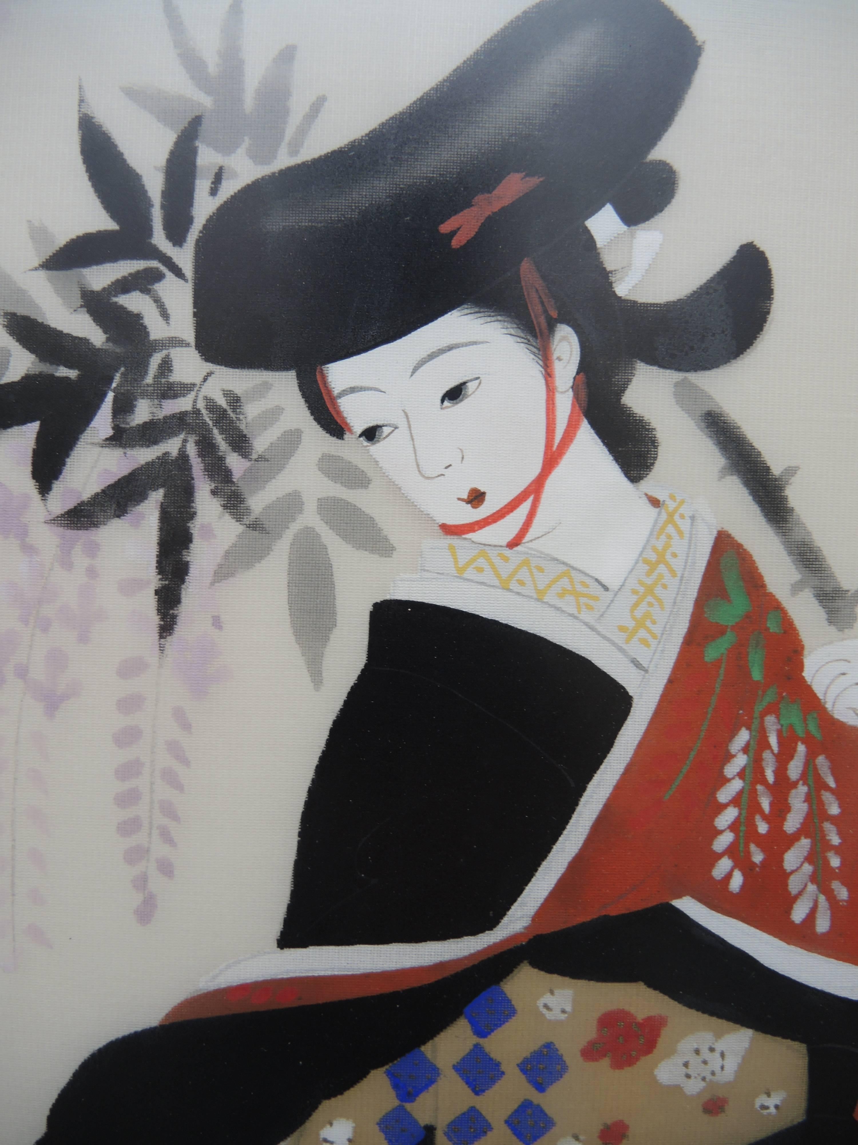 Circa 1950 Japanese painting on silk of a Geisha in traditional kimono .The stylised graphic designs of the kimono paired with the traditional painting style of the face are indicative of the mid century style of painting in