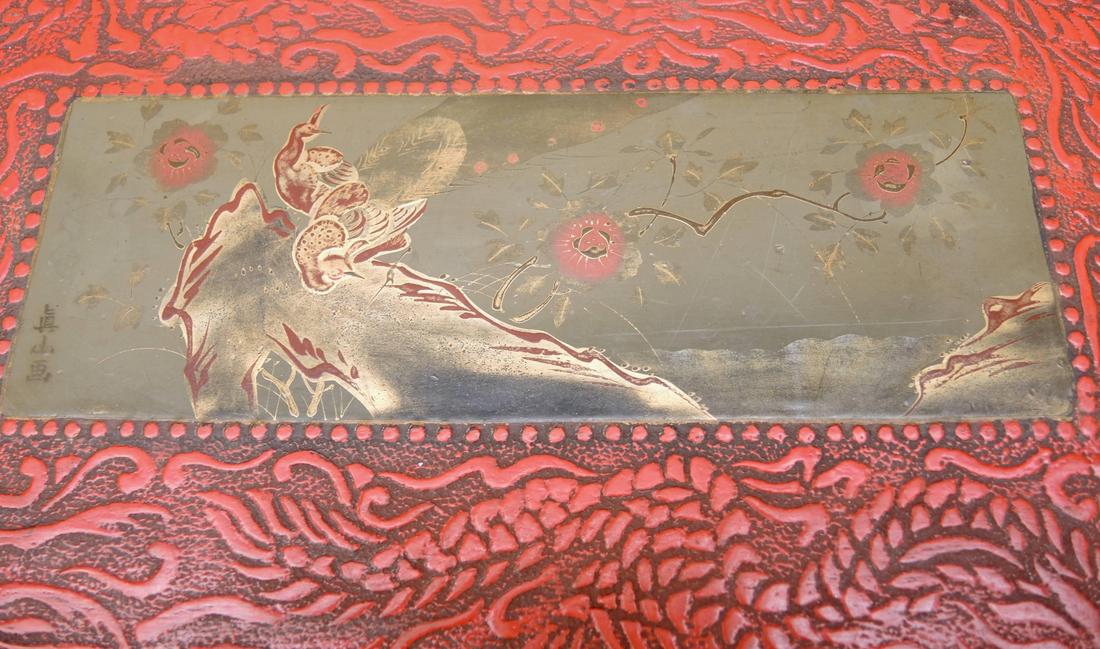 20th Century Japanese Lacquered Red & Black Tray with a Central Painting Signed by the Artist